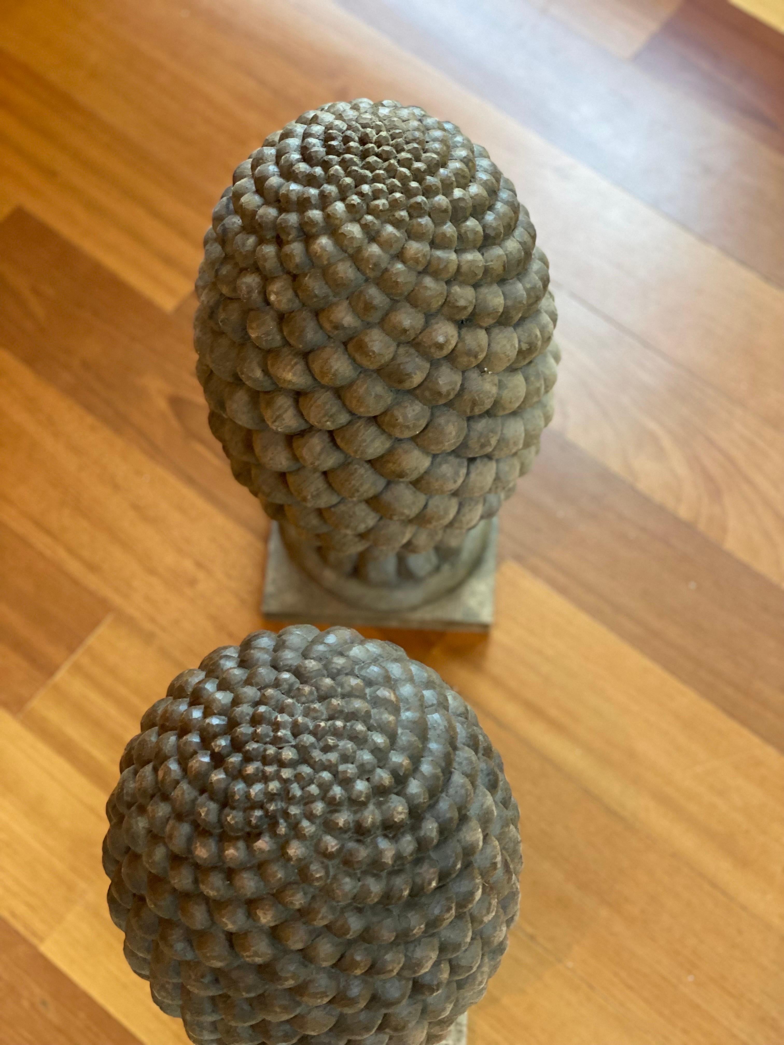 Pair of Large Solid Carved Wood Pinecone Finials For Sale 5