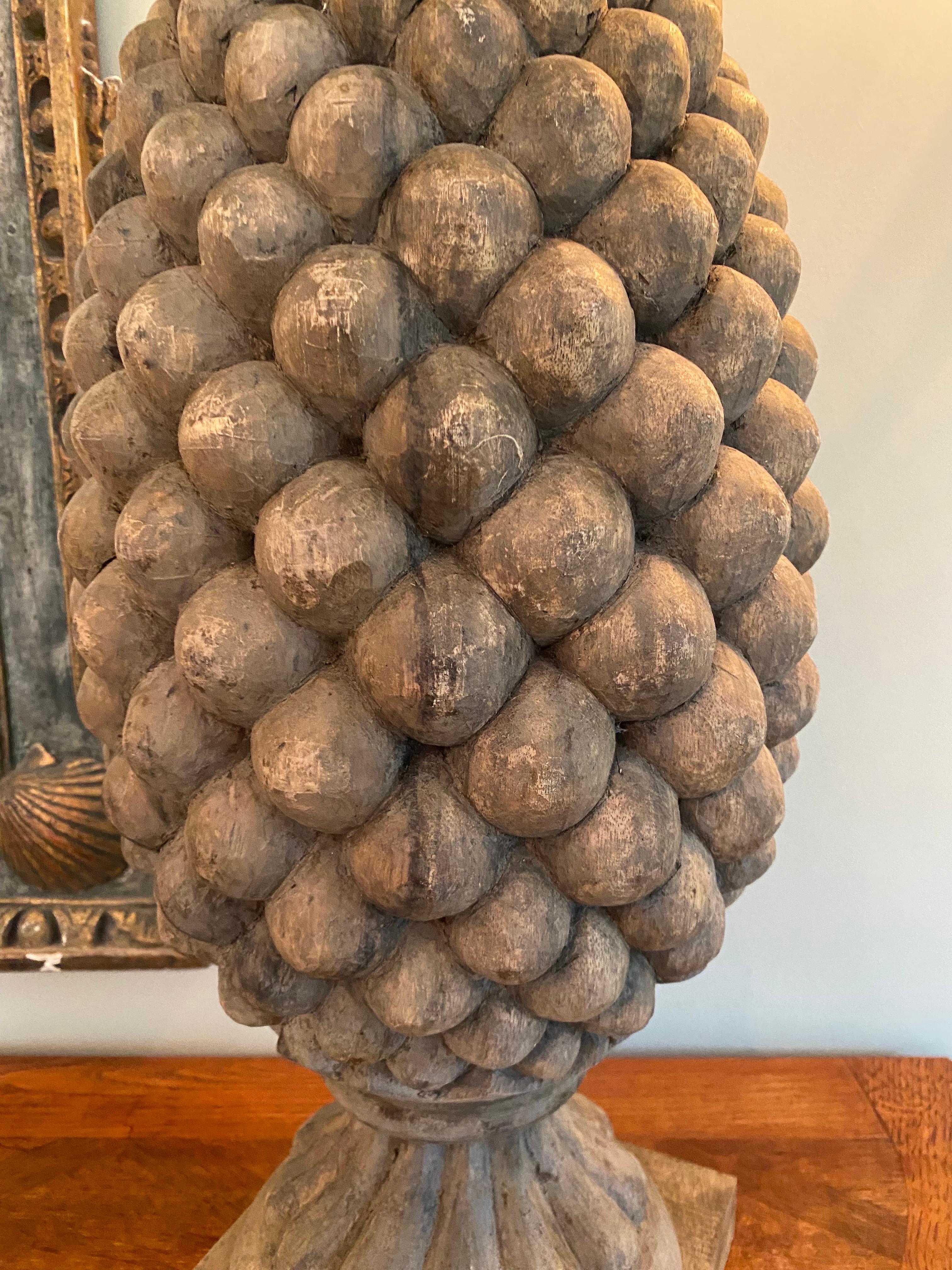 Pair of Large Solid Carved Wood Pinecone Finials For Sale 6