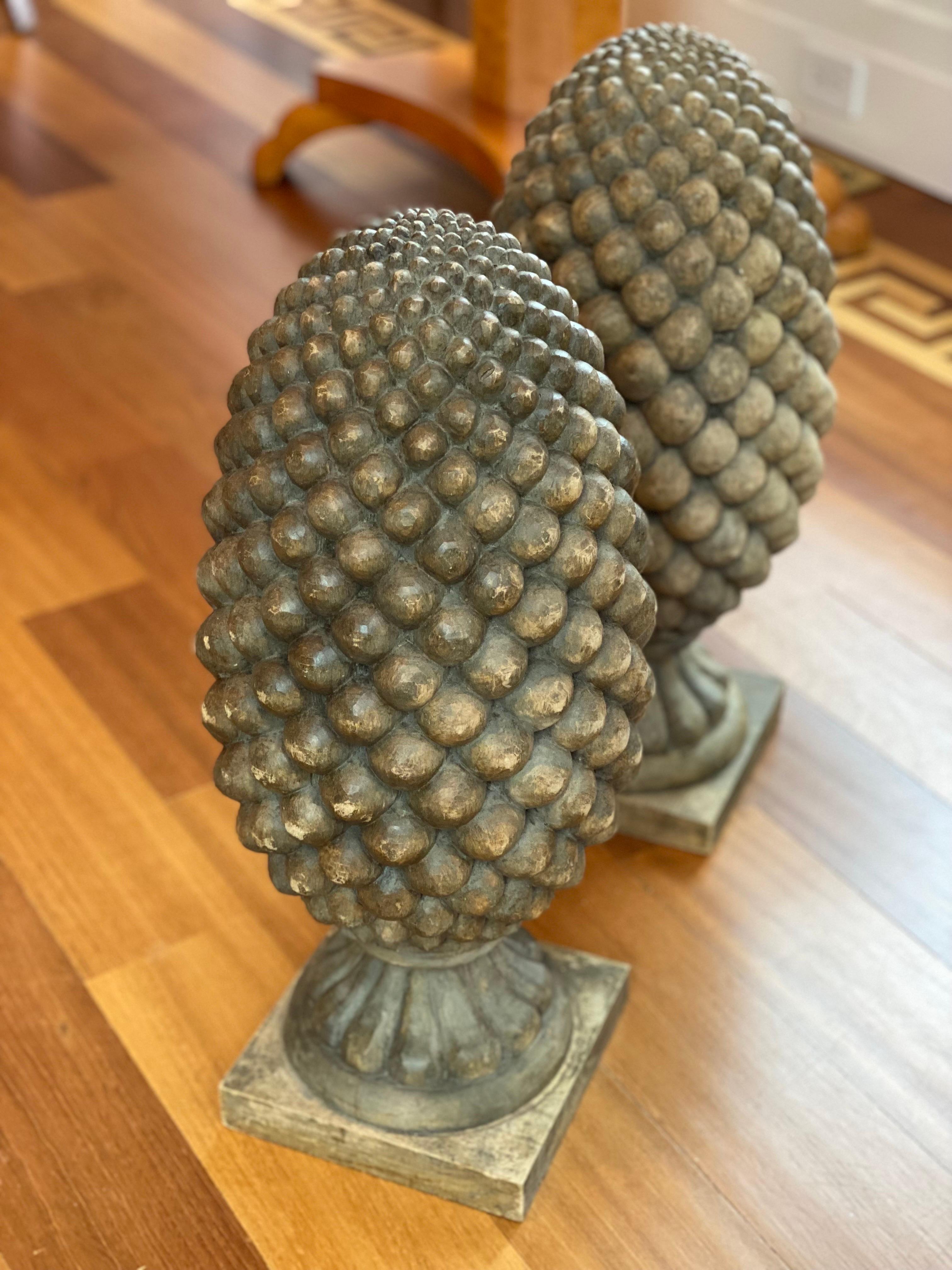 American Pair of Large Solid Carved Wood Pinecone Finials For Sale