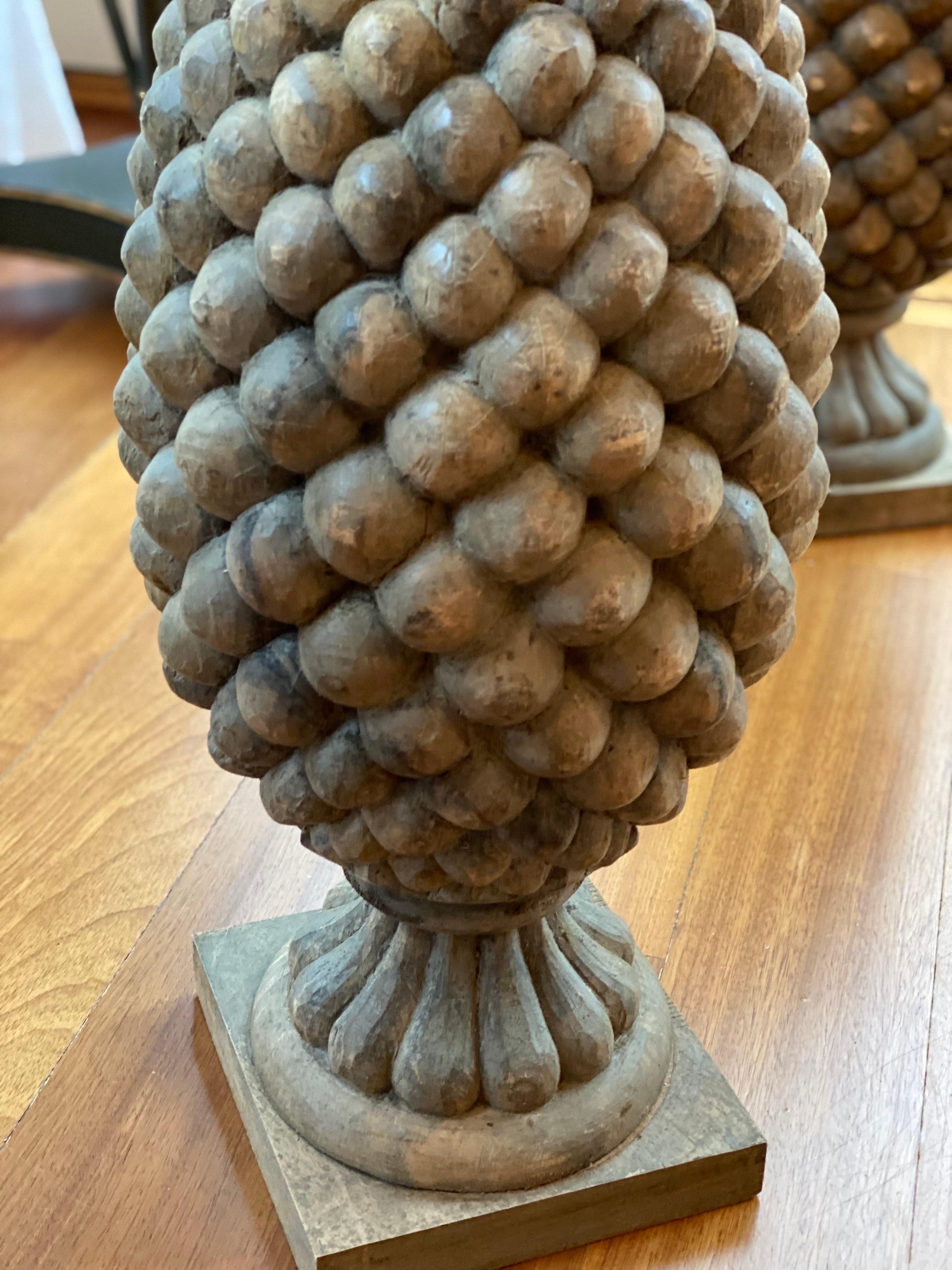 Hand-Carved Pair of Large Solid Carved Wood Pinecone Finials For Sale