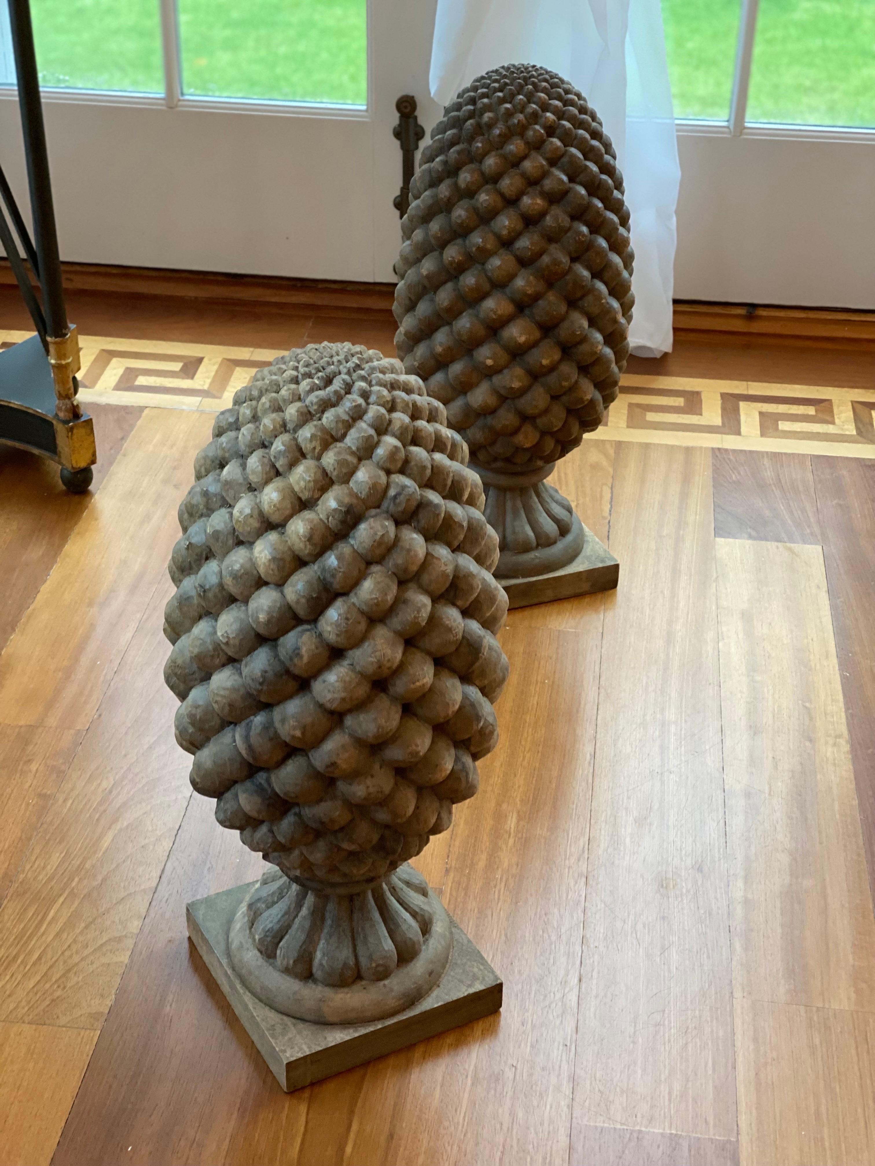 20th Century Pair of Large Solid Carved Wood Pinecone Finials For Sale