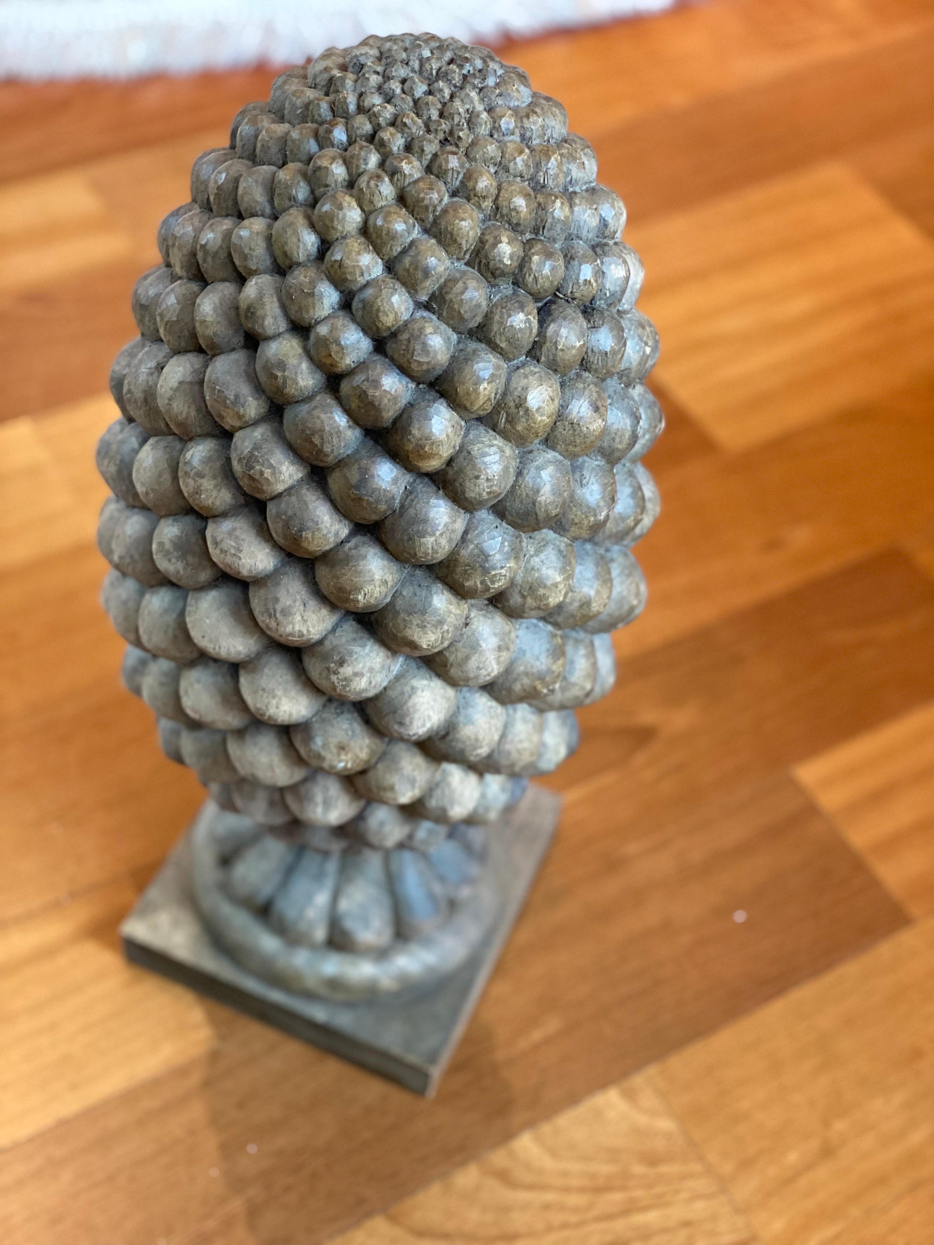 Pair of Large Solid Carved Wood Pinecone Finials For Sale 1