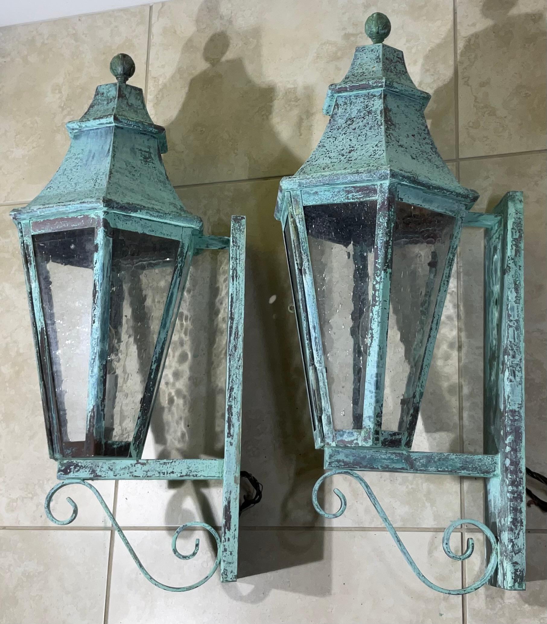 Pair of Large Solid Copper Architectural Wall Lantern For Sale 3