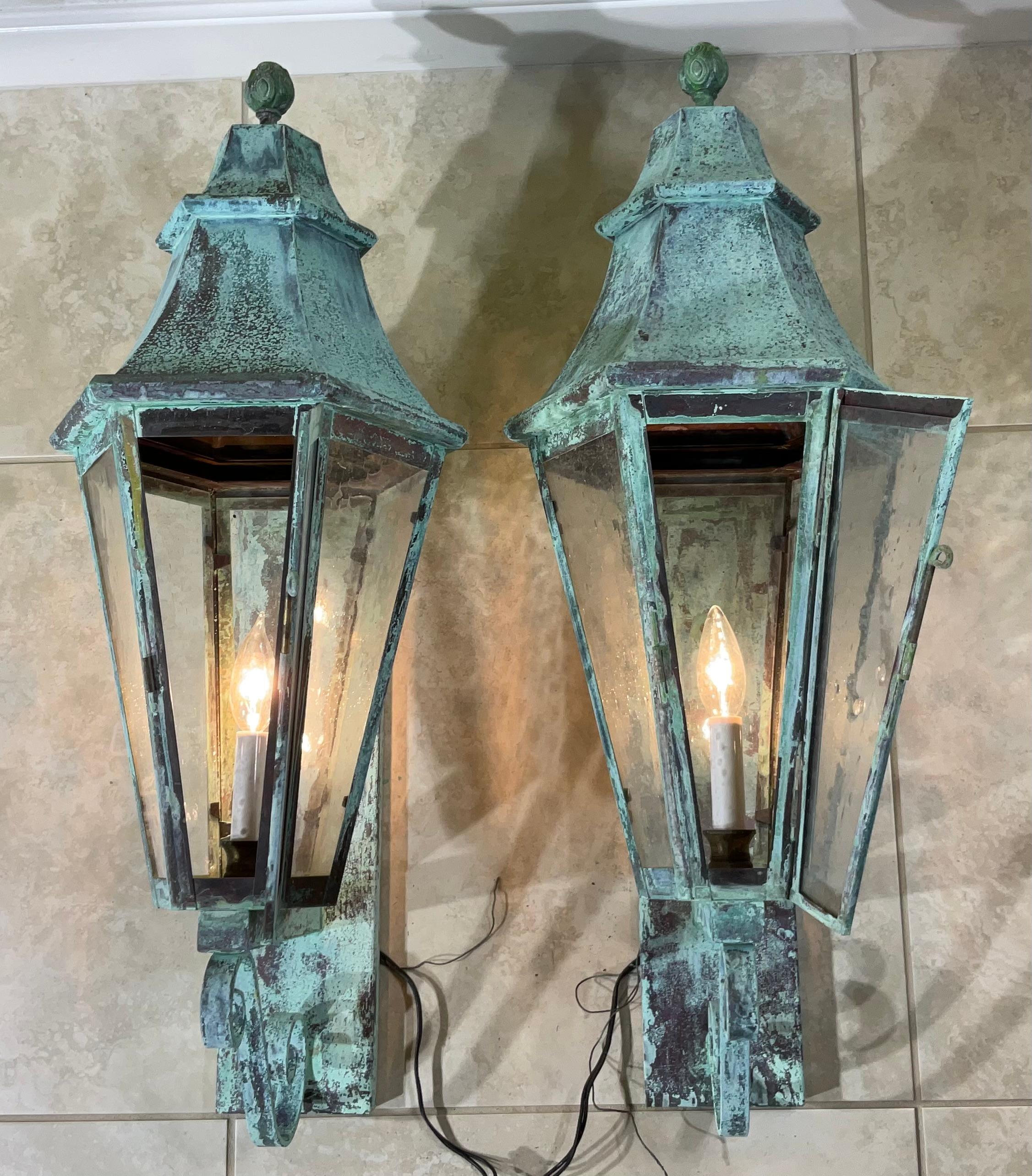 Pair of Large Solid Copper Architectural Wall Lantern For Sale 4