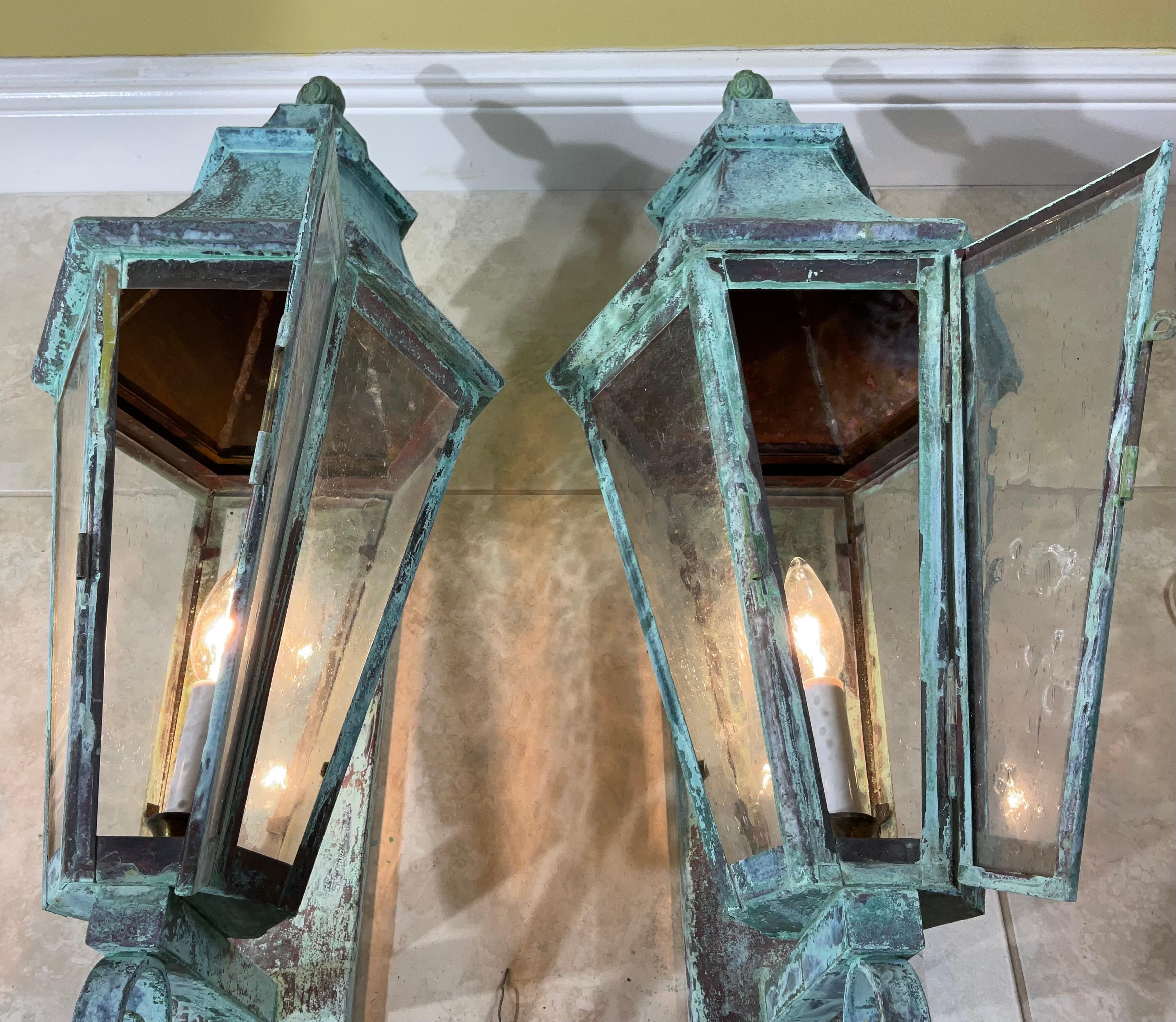 Pair of Large Solid Copper Architectural Wall Lantern For Sale 5