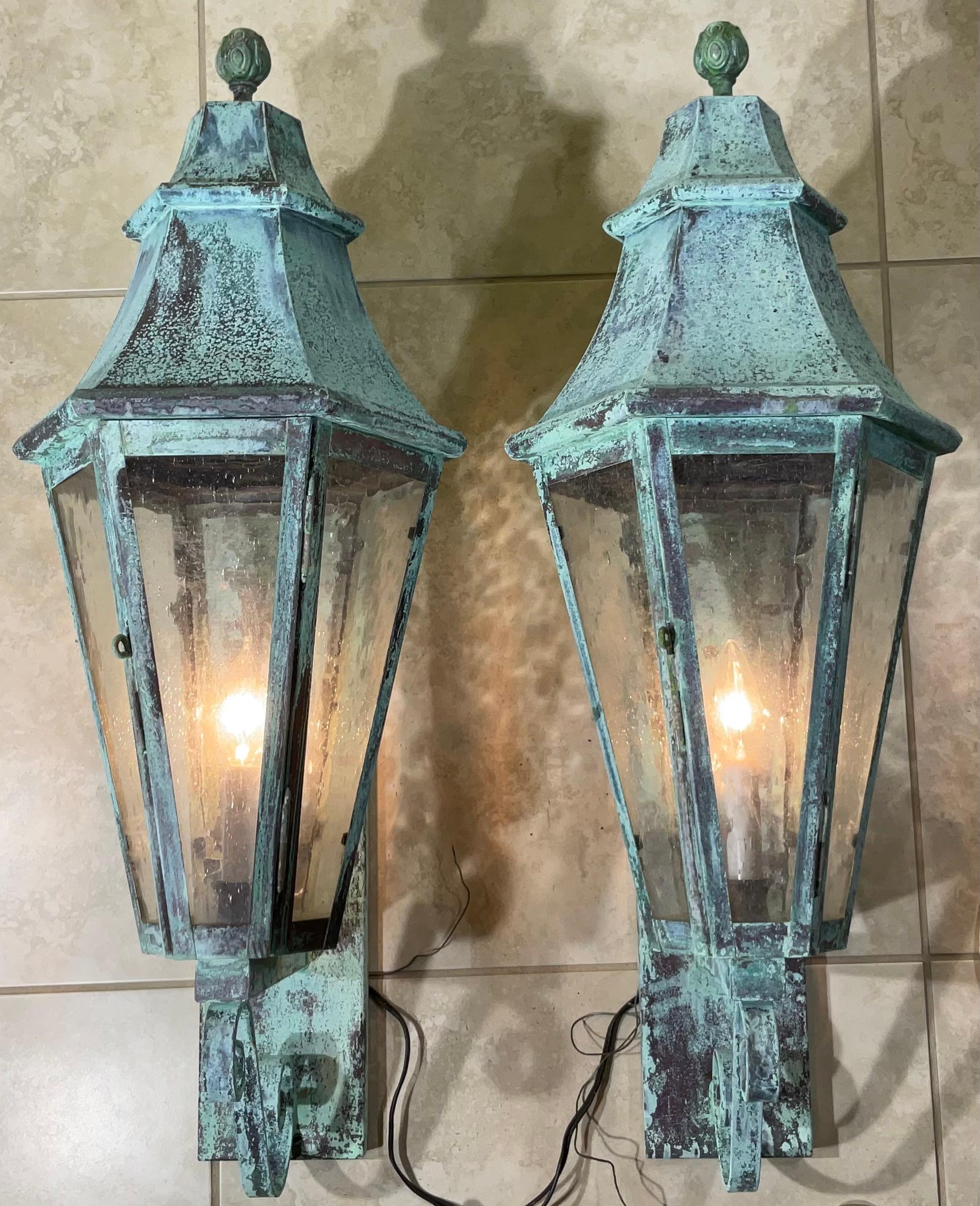Pair of Large Solid Copper Architectural Wall Lantern For Sale 6