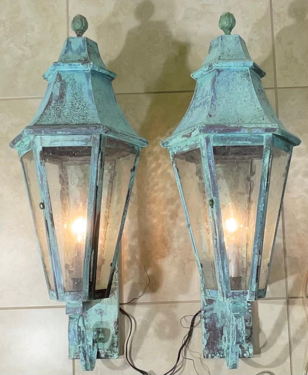 Pair of Large Solid Copper Architectural Wall Lantern For Sale 7