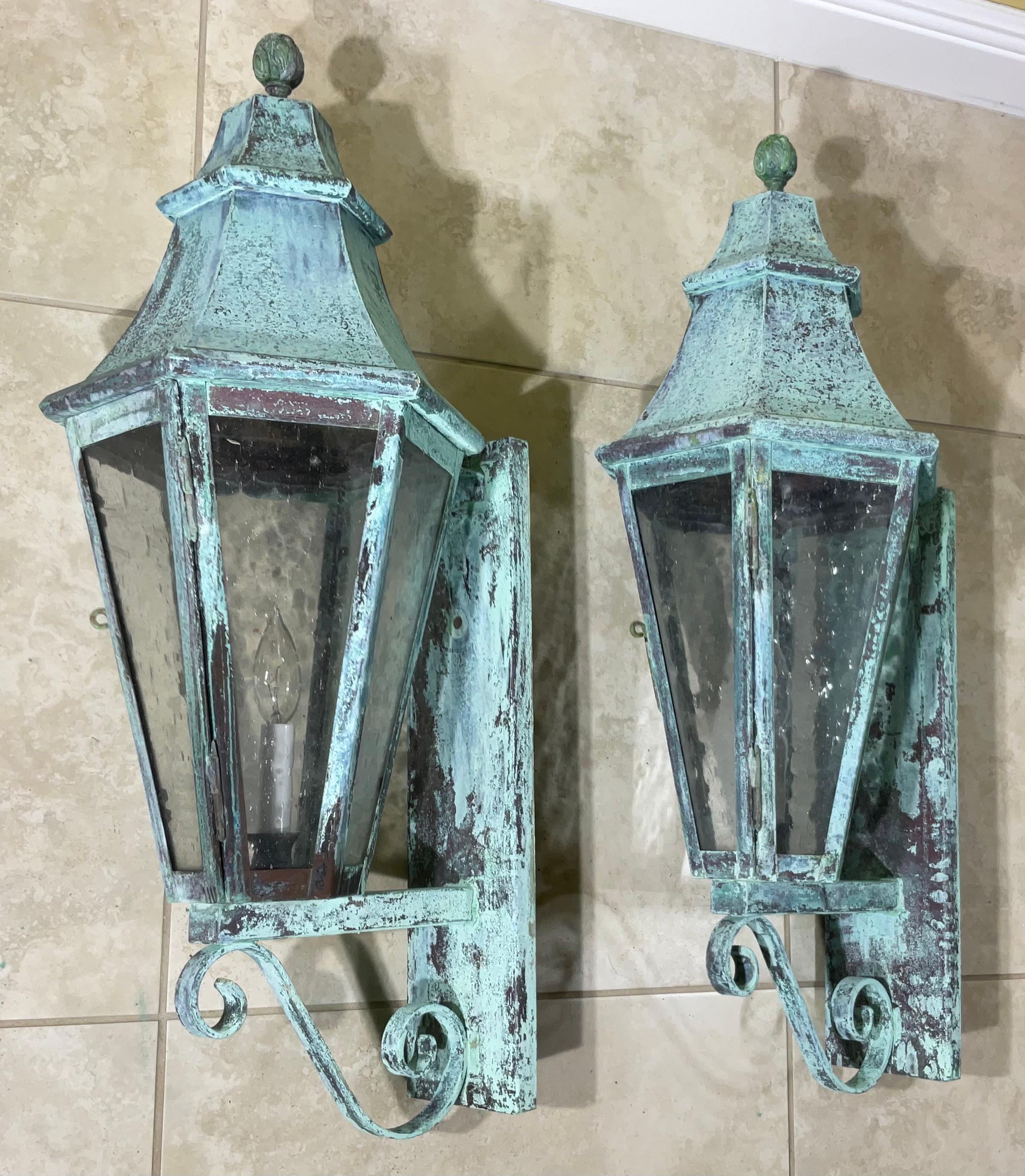 American Pair of Large Solid Copper Architectural Wall Lantern For Sale