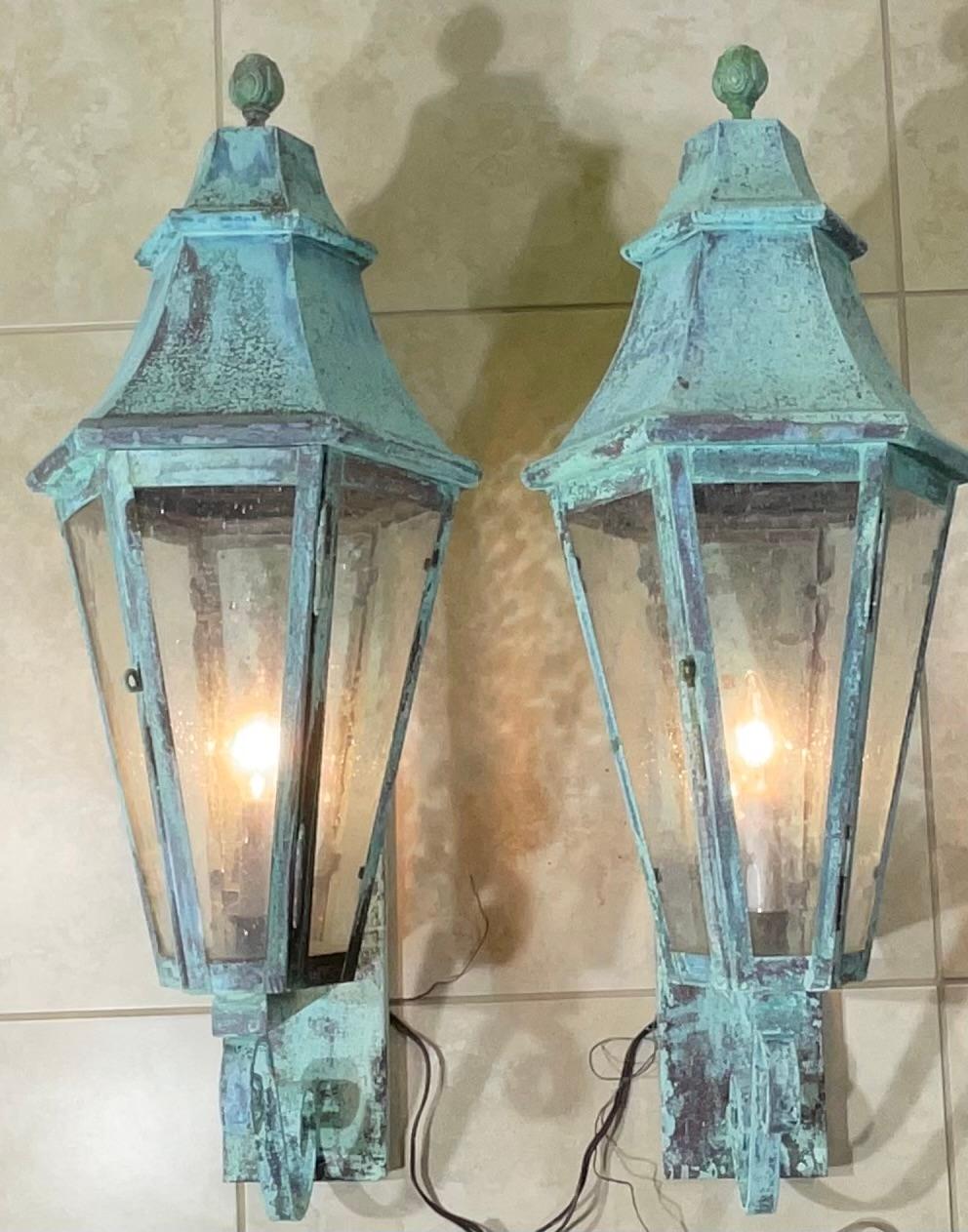 Hand-Crafted Pair of Large Solid Copper Architectural Wall Lantern For Sale