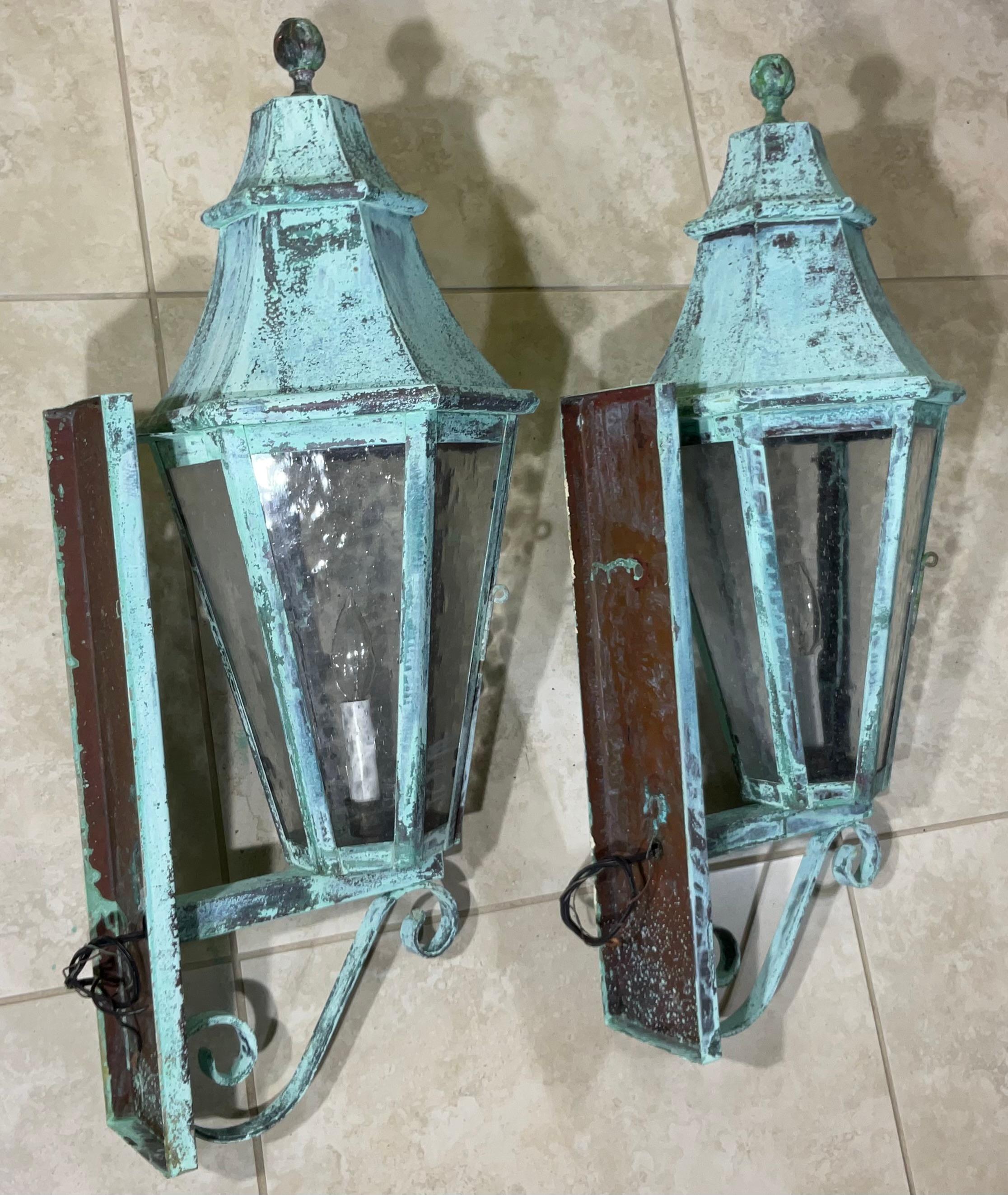 Pair of Large Solid Copper Architectural Wall Lantern For Sale 1