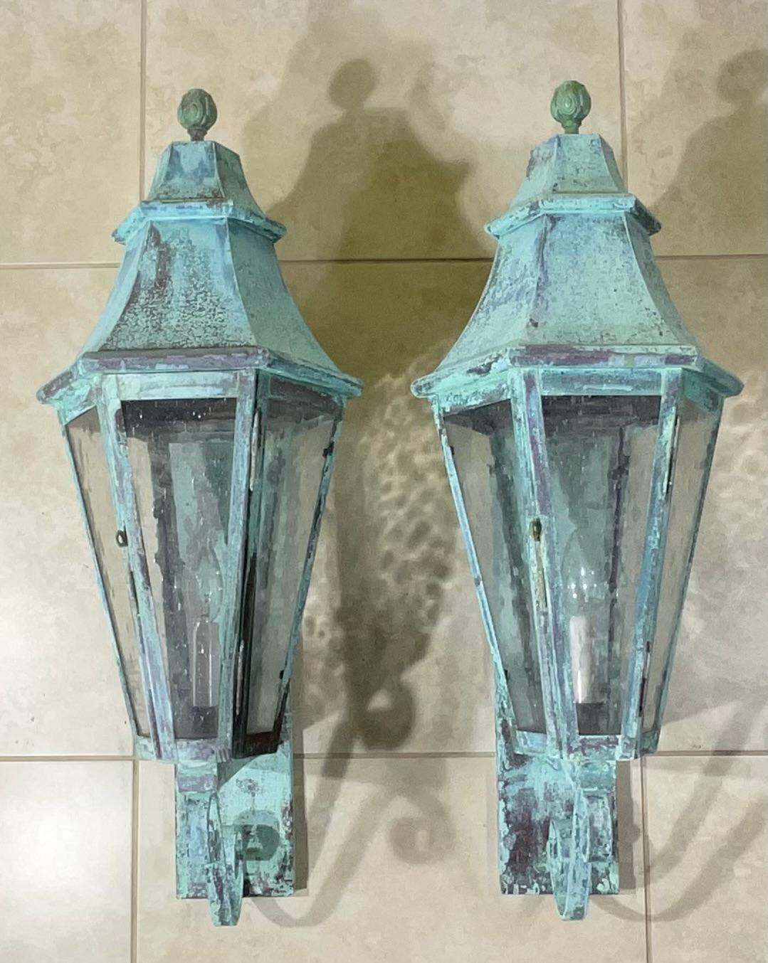 Pair of Large Solid Copper Architectural Wall Lantern For Sale 2