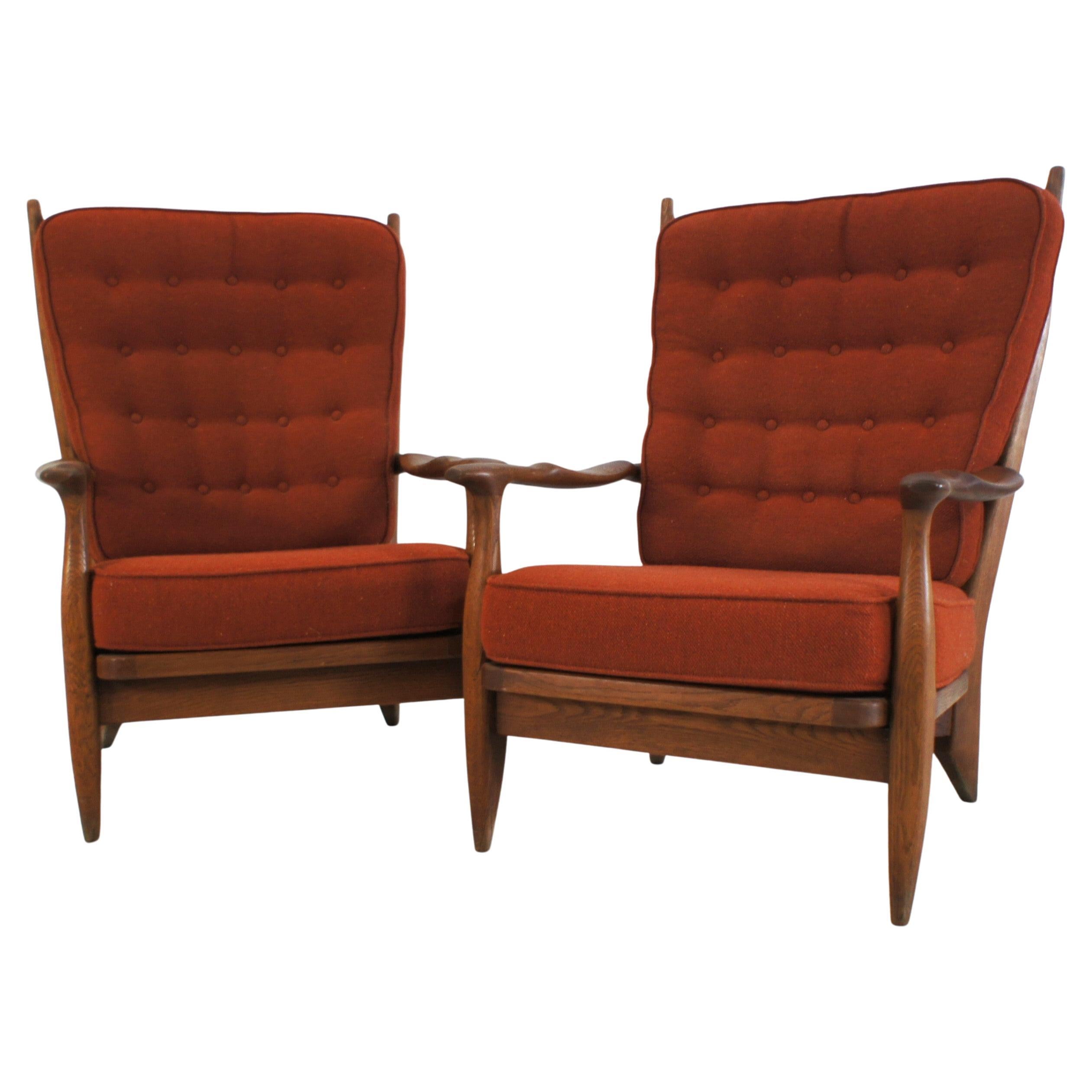 Pair of Large Solid Oak Armchairs , Guillerme et Chambron