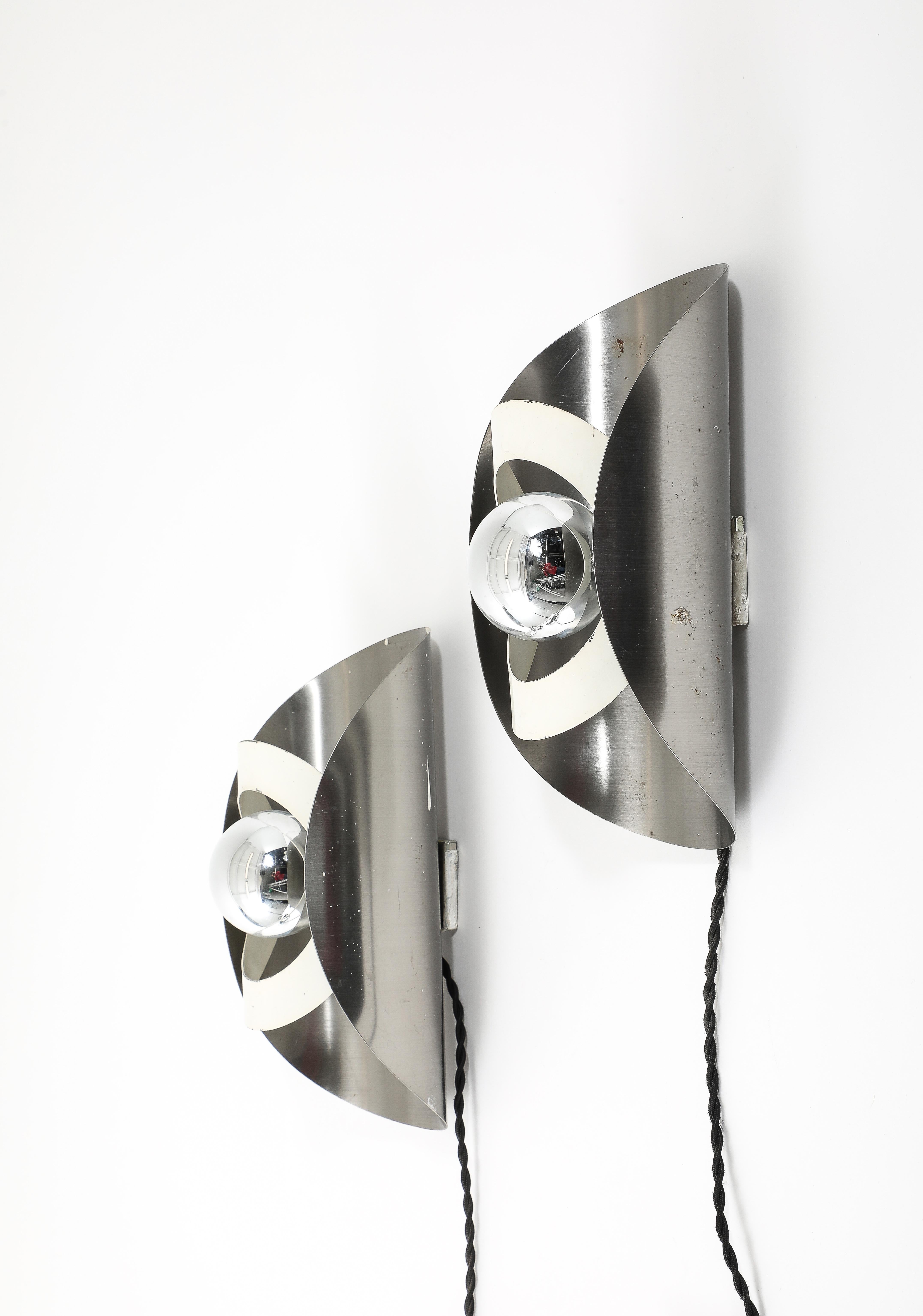 Mid-Century Modern Pair of Large Space Age Chrome & White Enamel Sconces, France 1960’s For Sale