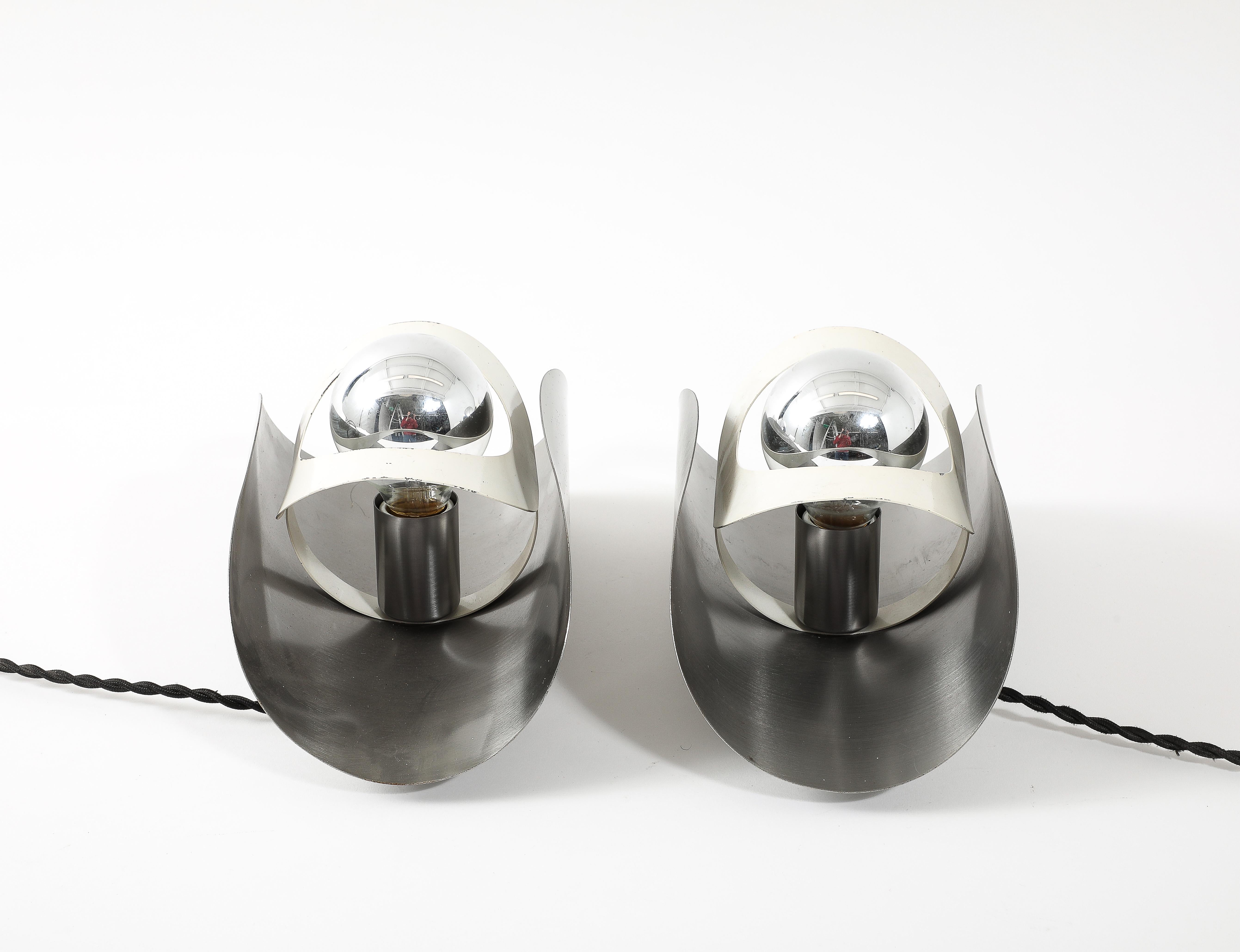 Late 20th Century Pair of Large Space Age Chrome & White Enamel Sconces, France 1960’s For Sale