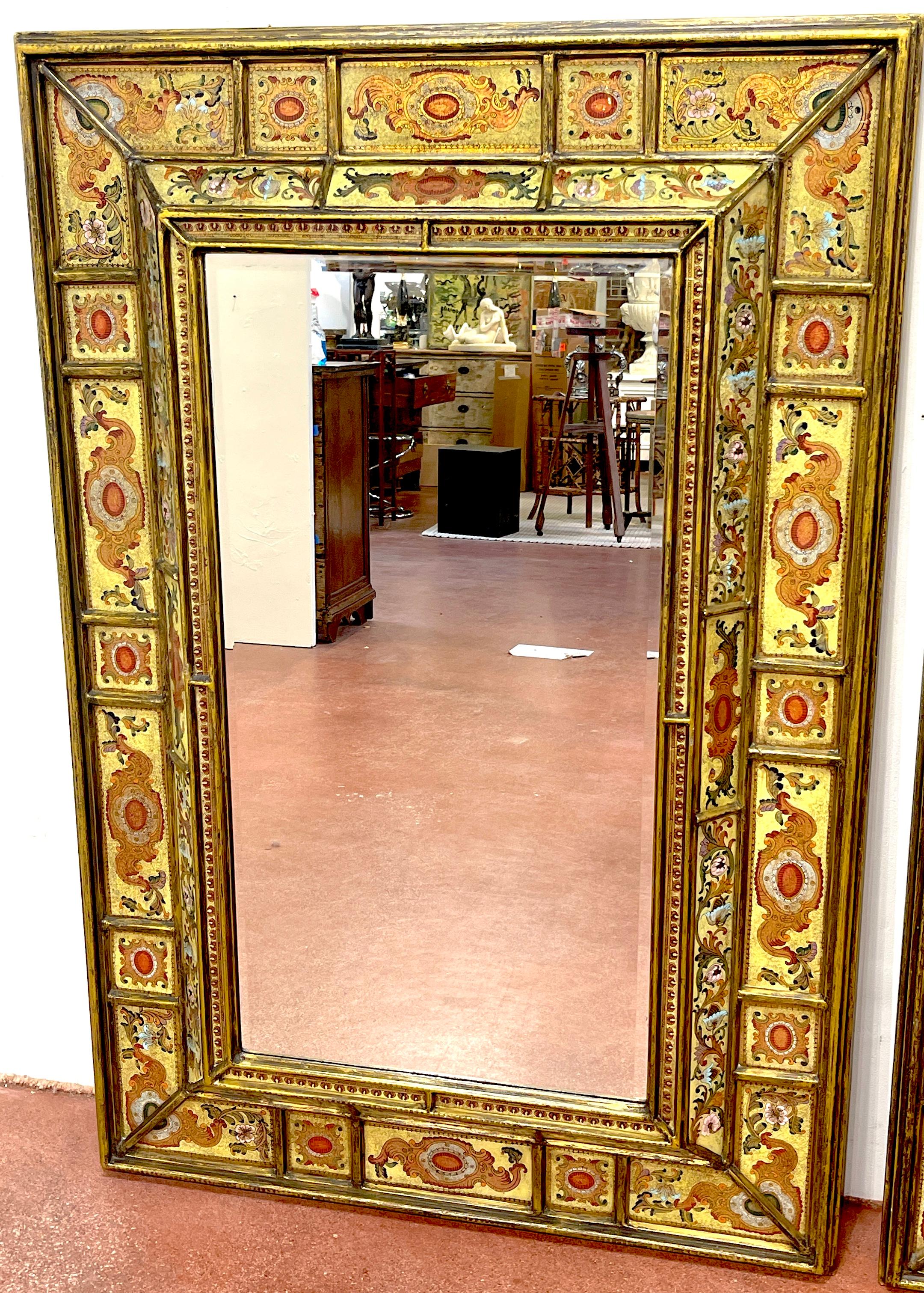 Peruvian Pair of Large Spanish Colonial Eglomise Giltwood Mirrors  For Sale