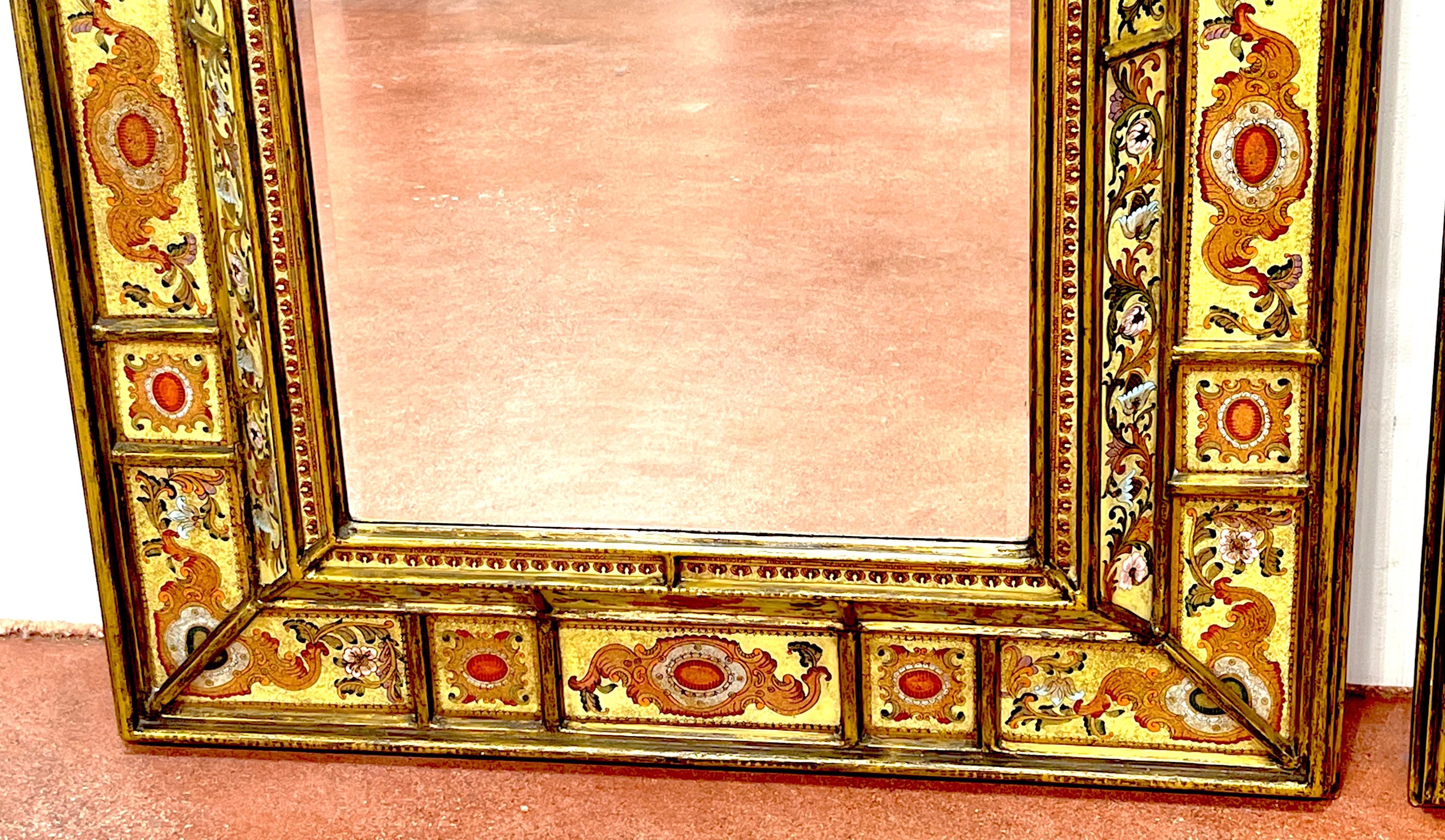 Hand-Painted Pair of Large Spanish Colonial Eglomise Giltwood Mirrors  For Sale