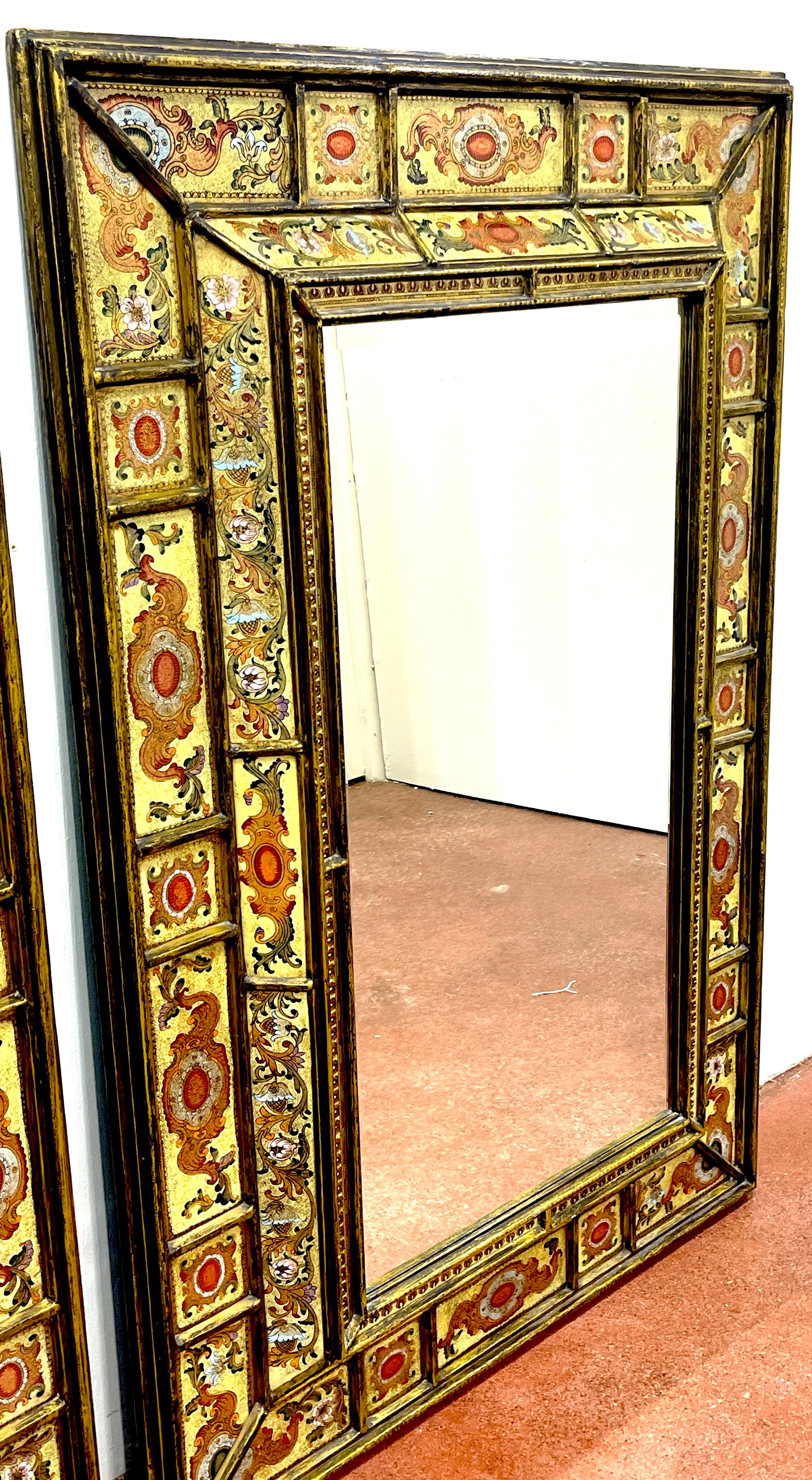 Pair of Large Spanish Colonial Eglomise Giltwood Mirrors  In Good Condition For Sale In West Palm Beach, FL