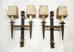 Pair of Large Spanish Gilded Iron Sconces with Shades