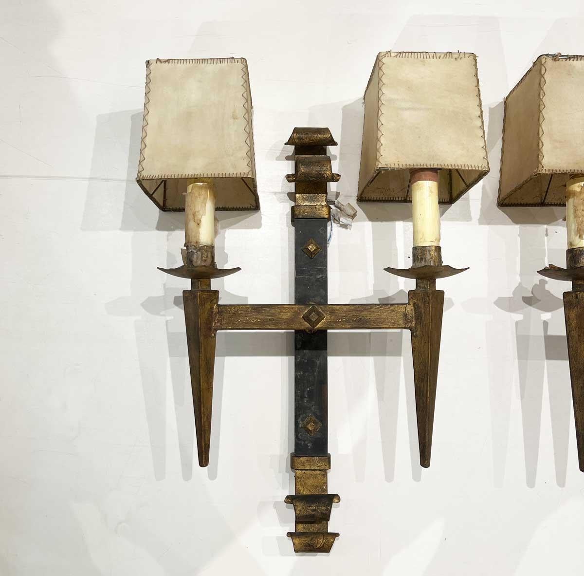Spanish Colonial Pair of Large Spanish Gilded Iron Sconces with Shades For Sale