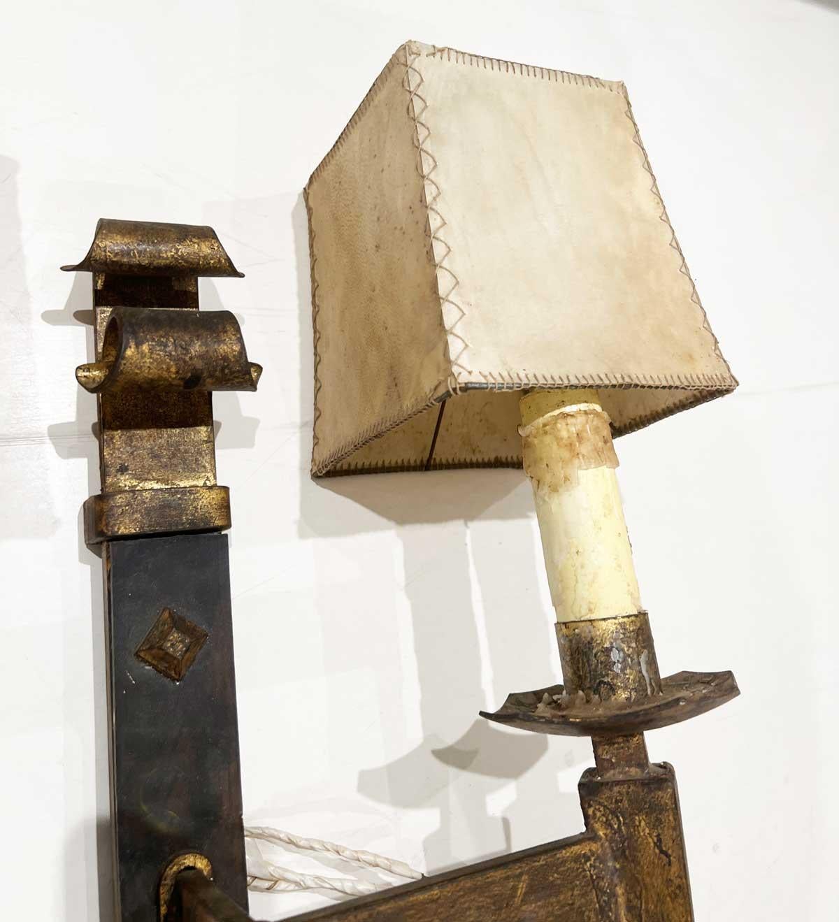 Pair of Large Spanish Gilded Iron Sconces with Shades In Fair Condition For Sale In New Orleans, LA