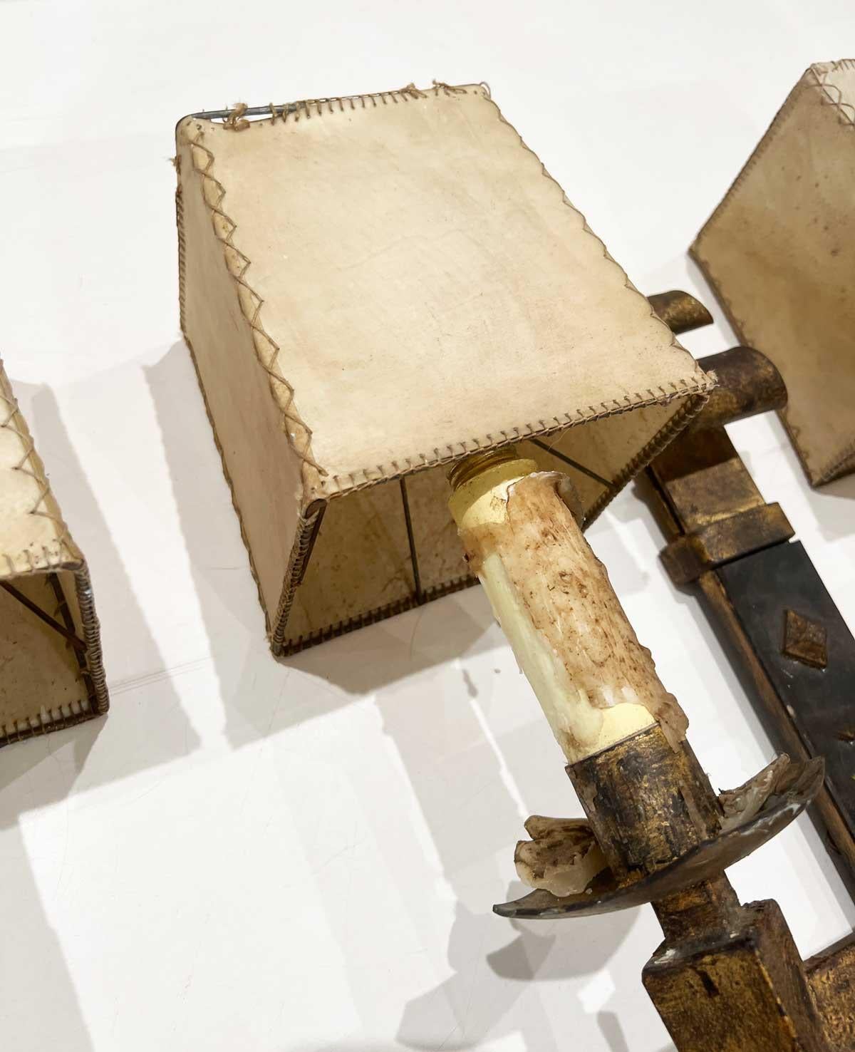 19th Century Pair of Large Spanish Gilded Iron Sconces with Shades For Sale