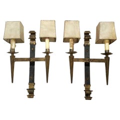Pair of Large Spanish Gilded Iron Sconces with Shades