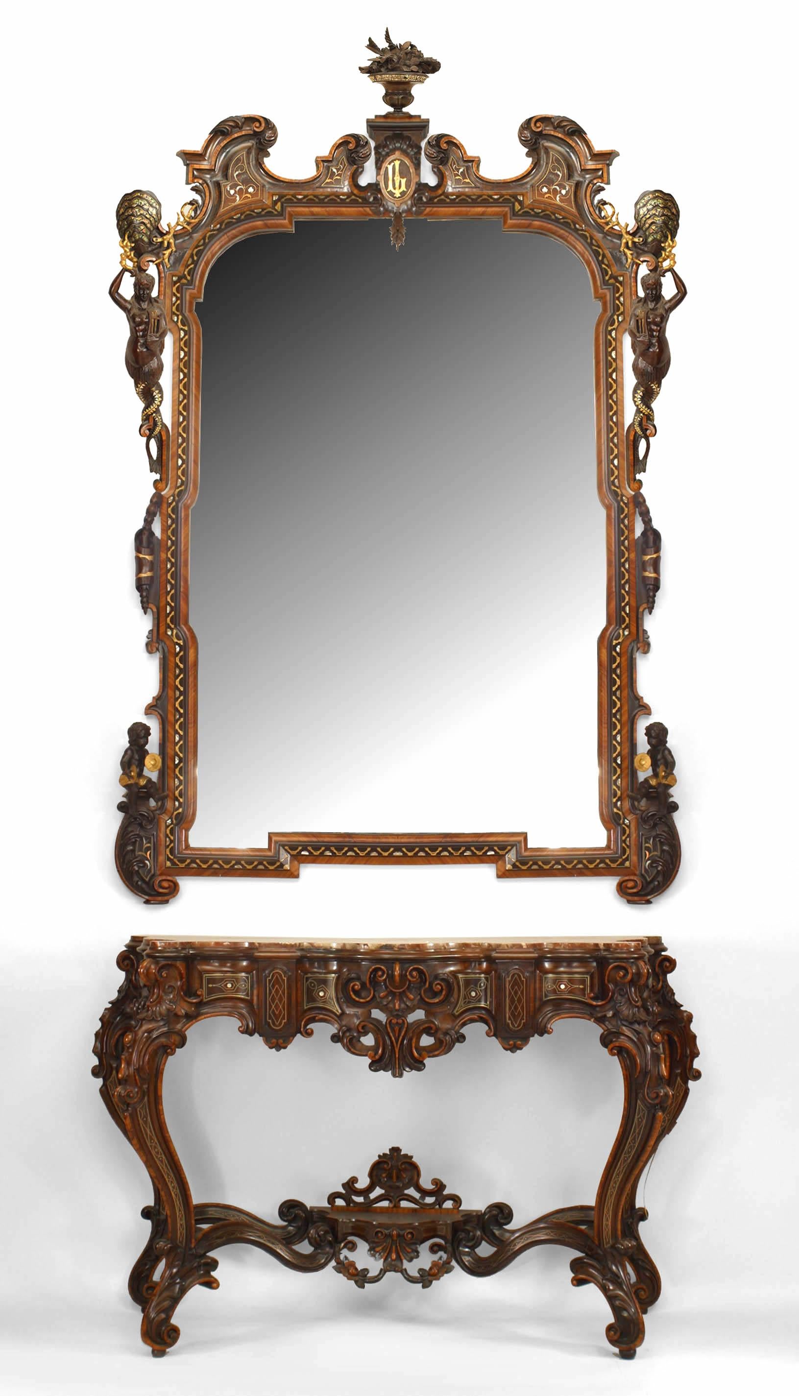 Pair of Italian Rococo Revival Carved Rosewood Wall Mirrors 