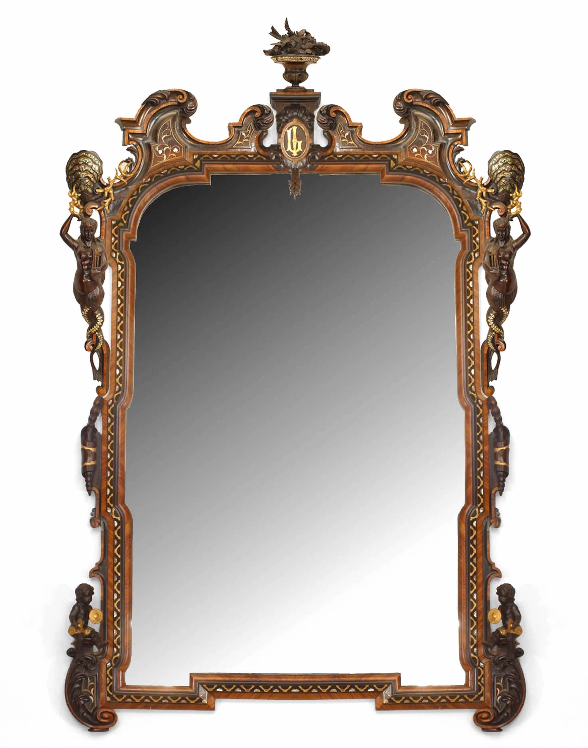 Pair of Italian Rococo Revival-style (19th century) rosewood wall mirrors with carved figures and kingwood, brass, and mother of pearl inlay. (in the manner of Gotti) (priced as pair).