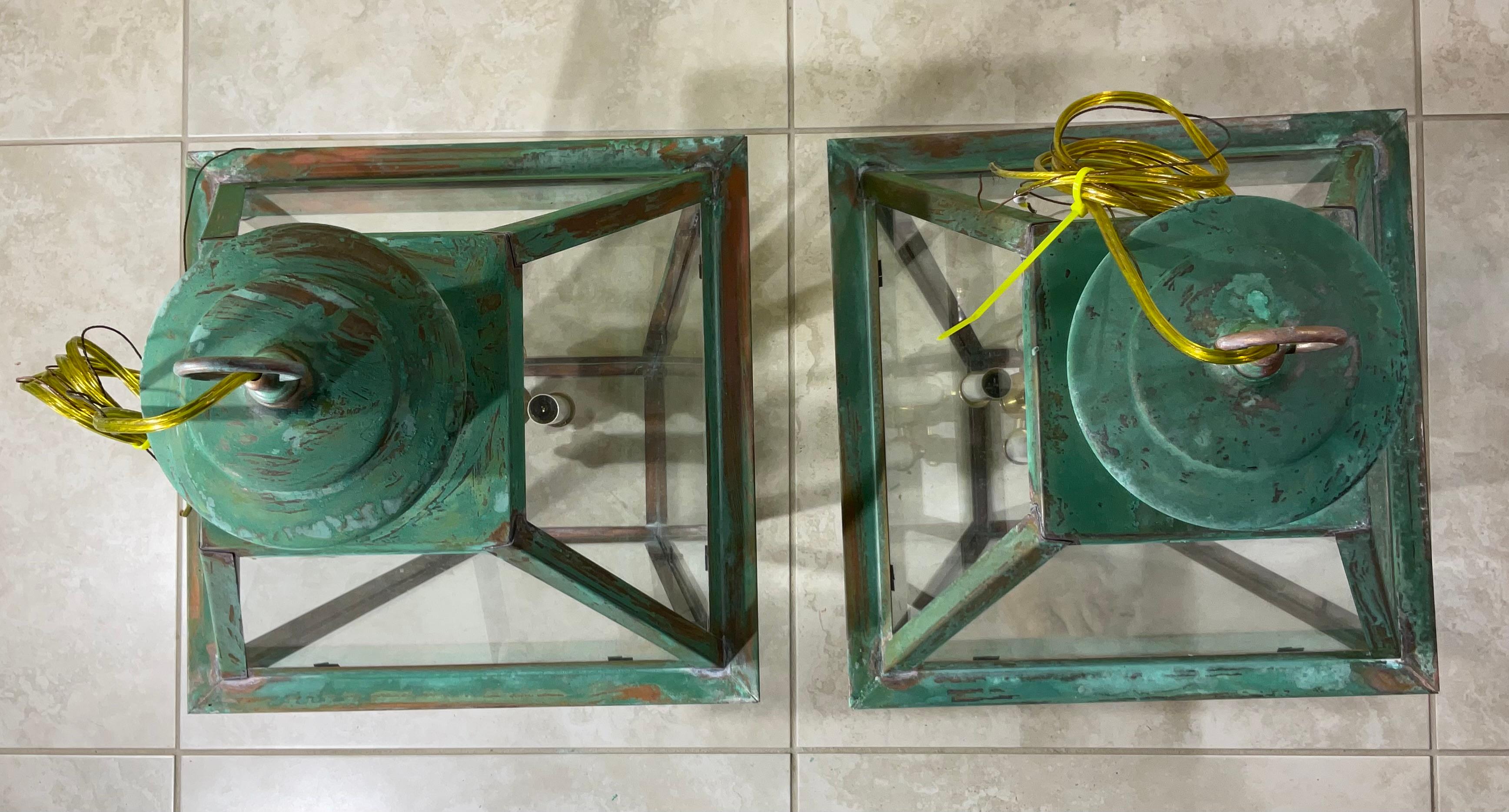 Pair Of Large Square Handcrafted Hanging Lanterns For Sale 6