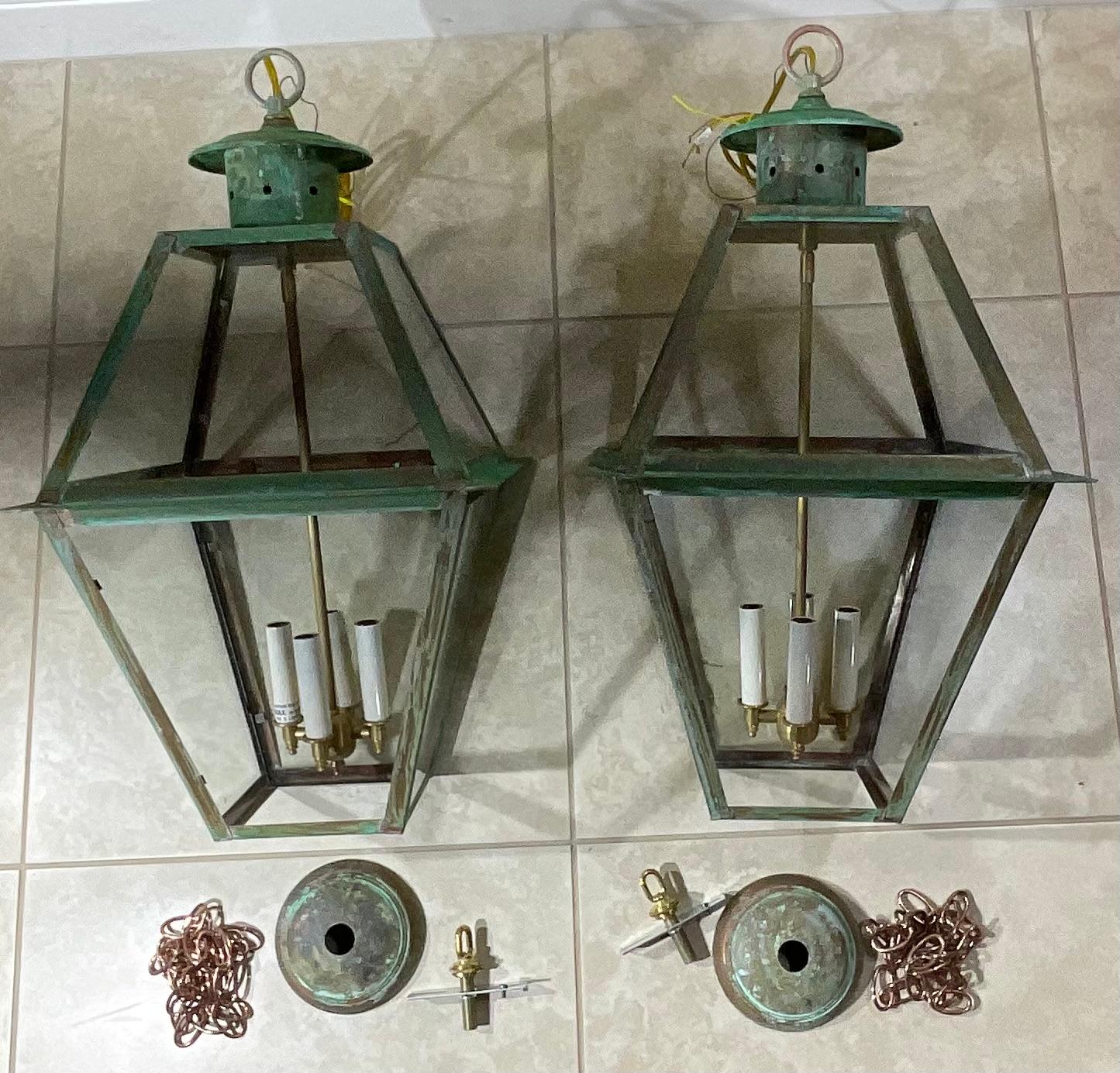 American Pair Of Large Square Handcrafted Hanging Lanterns For Sale