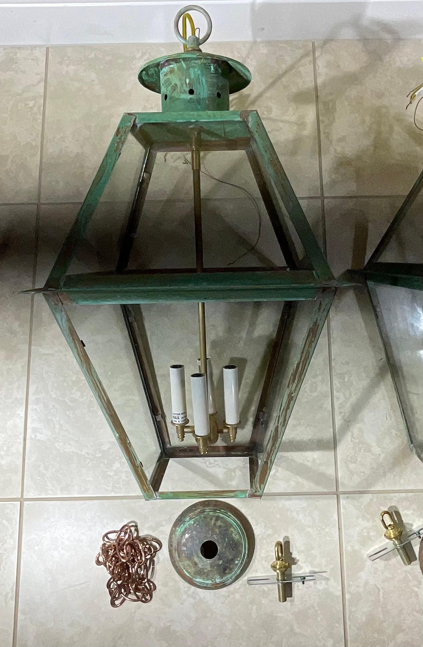 Pair Of Large Square Handcrafted Hanging Lanterns In Good Condition For Sale In Delray Beach, FL