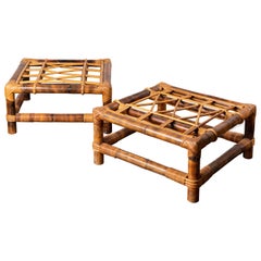 Pair of Large Square Rattan Stools by Audoux Minet, 1950's