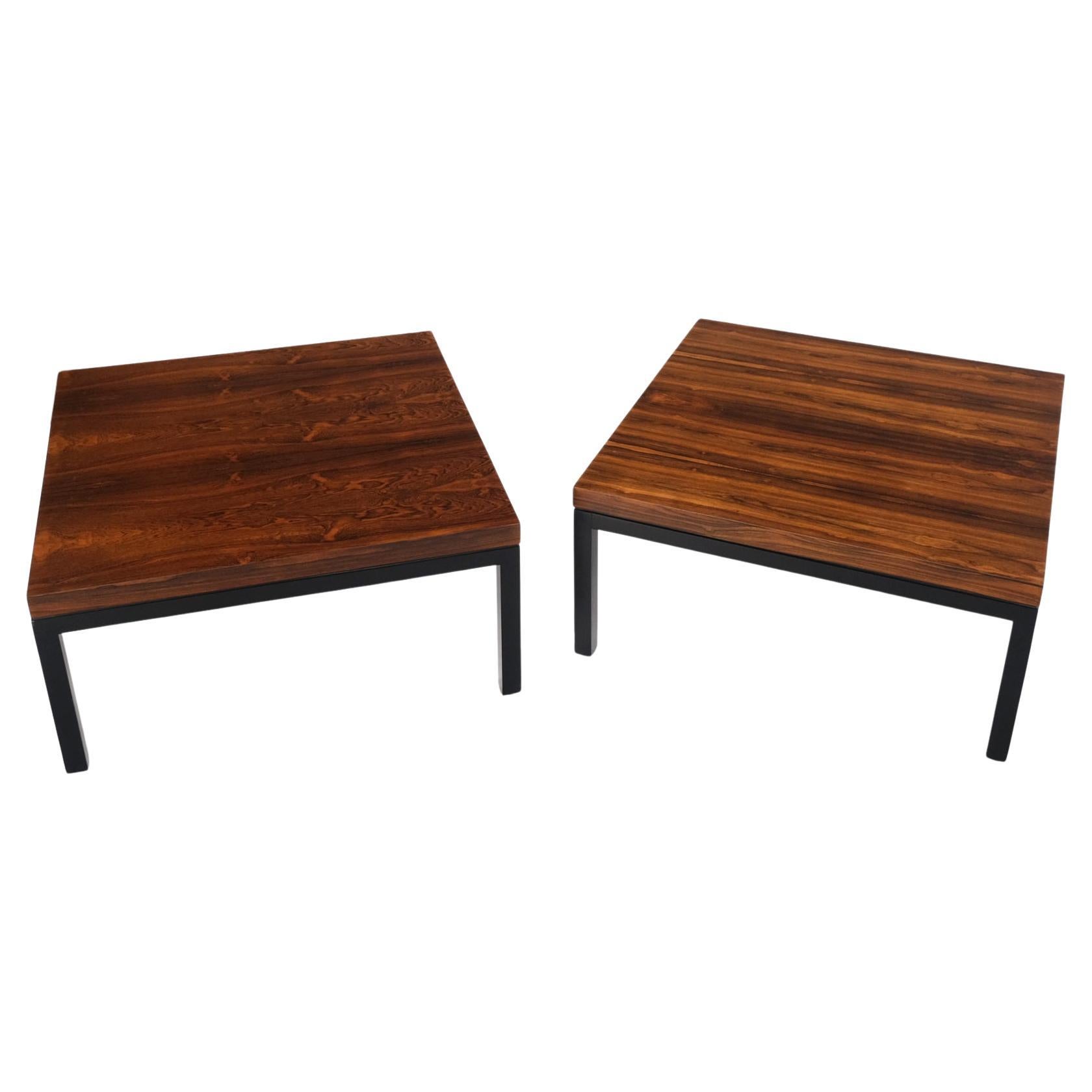Pair of Large square rosewood coffee side end tables black bases MINT Baughman.