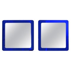 Pair of Postmodern Square Wall Mirrors with Royal Blue Frame, Italy 1970s