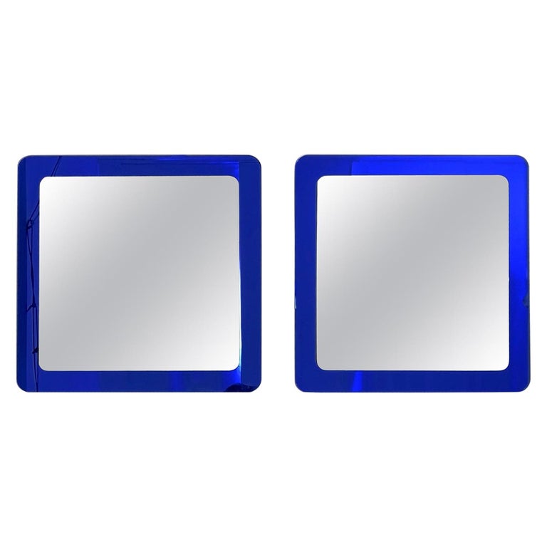 Pair Of Large Square Royal Blue Wall Mirrors Italy 1970s