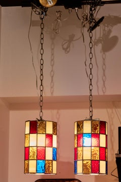 Pair of Large Stained Glass Pendants