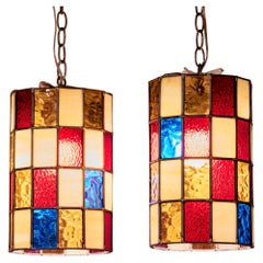 Pair of Large Stained Glass Pendants