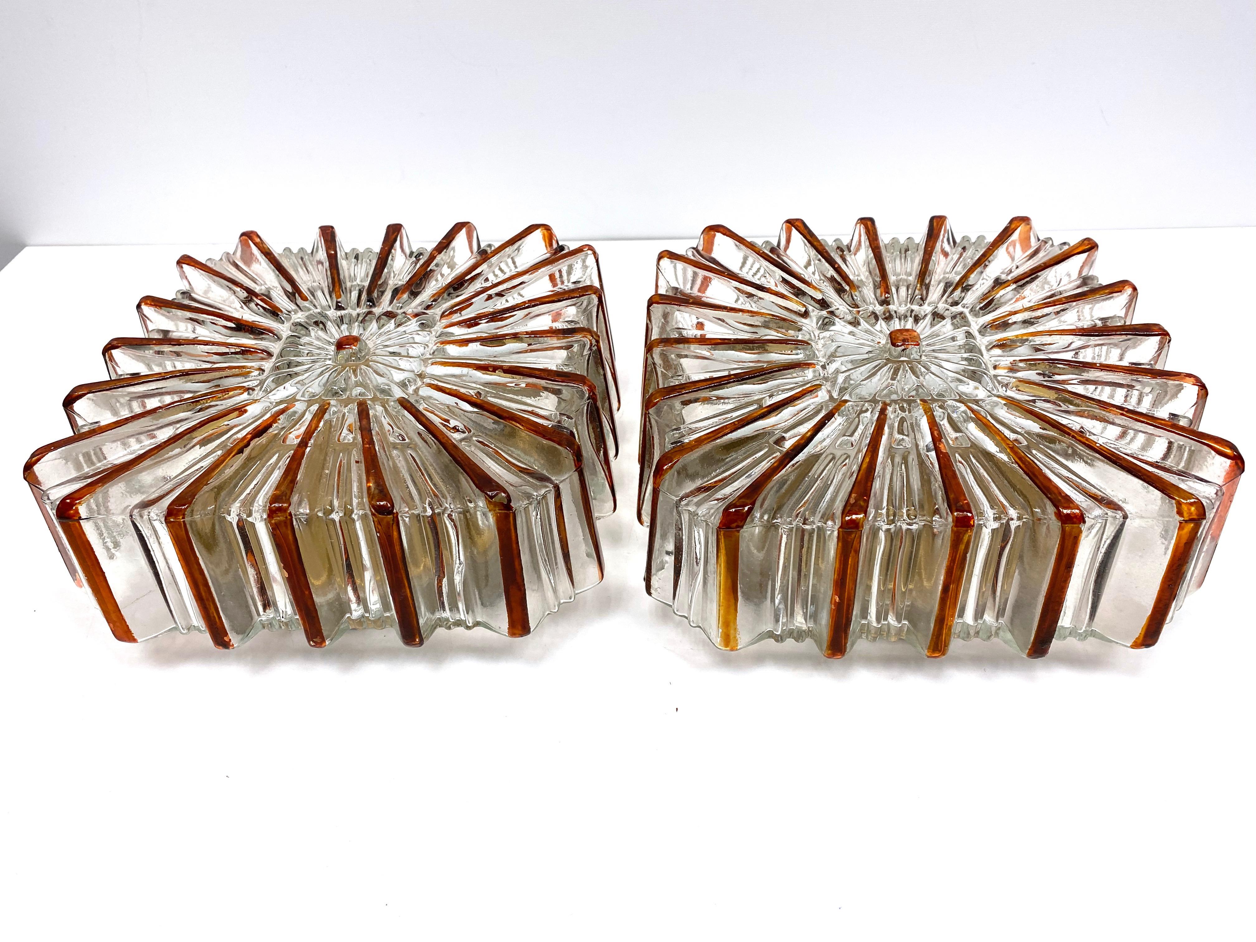 Metal Pair of Large Starburst Pattern Limburg Flush Mount Ceiling Light, 1970s German