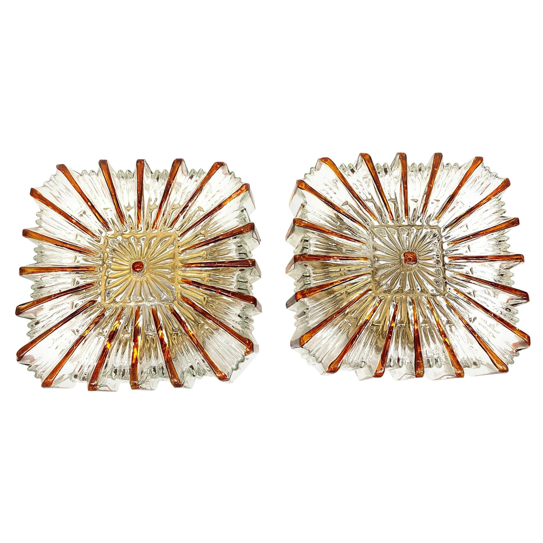 Pair of Large Starburst Pattern Limburg Flush Mount Ceiling Light, 1970s German