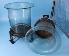 Pair of Large Steel and Handblown Etched Hurricane Glass Candle Holders
