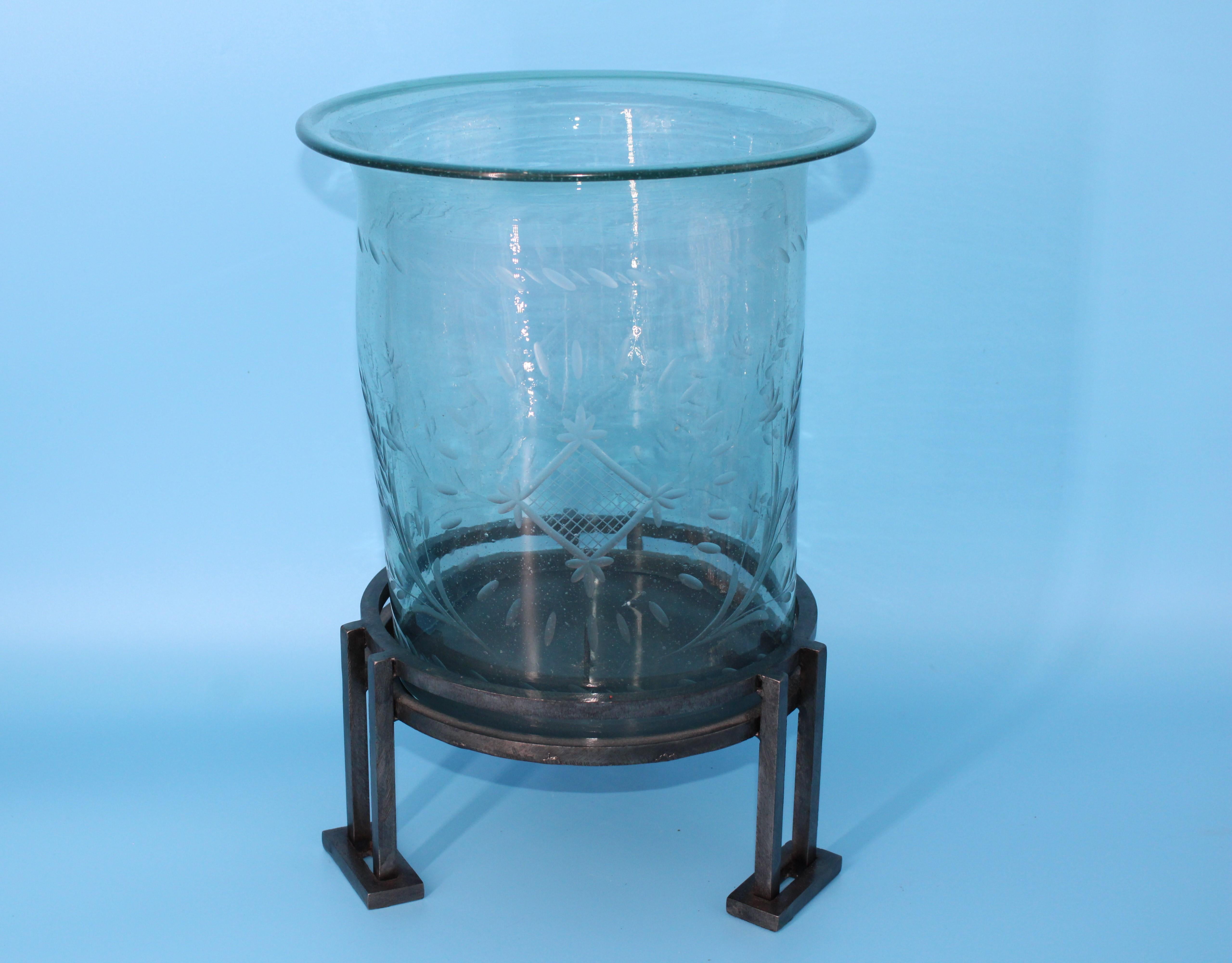 Hand-Crafted Pair of Large Steel and Handblown Etched Hurricane Glass Candle Holders For Sale