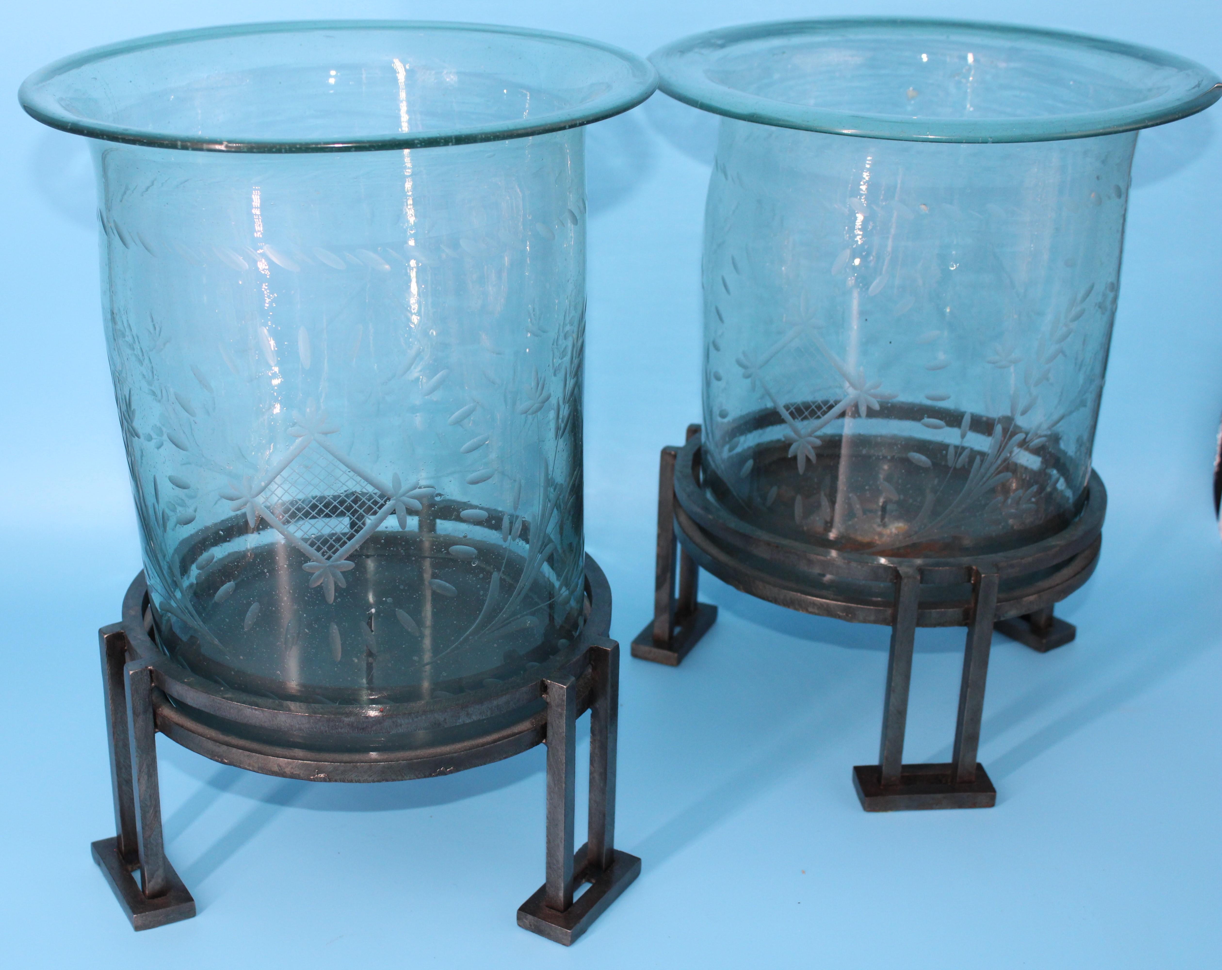 Pair of Large Steel and Handblown Etched Hurricane Glass Candle Holders In Good Condition For Sale In Austin, TX