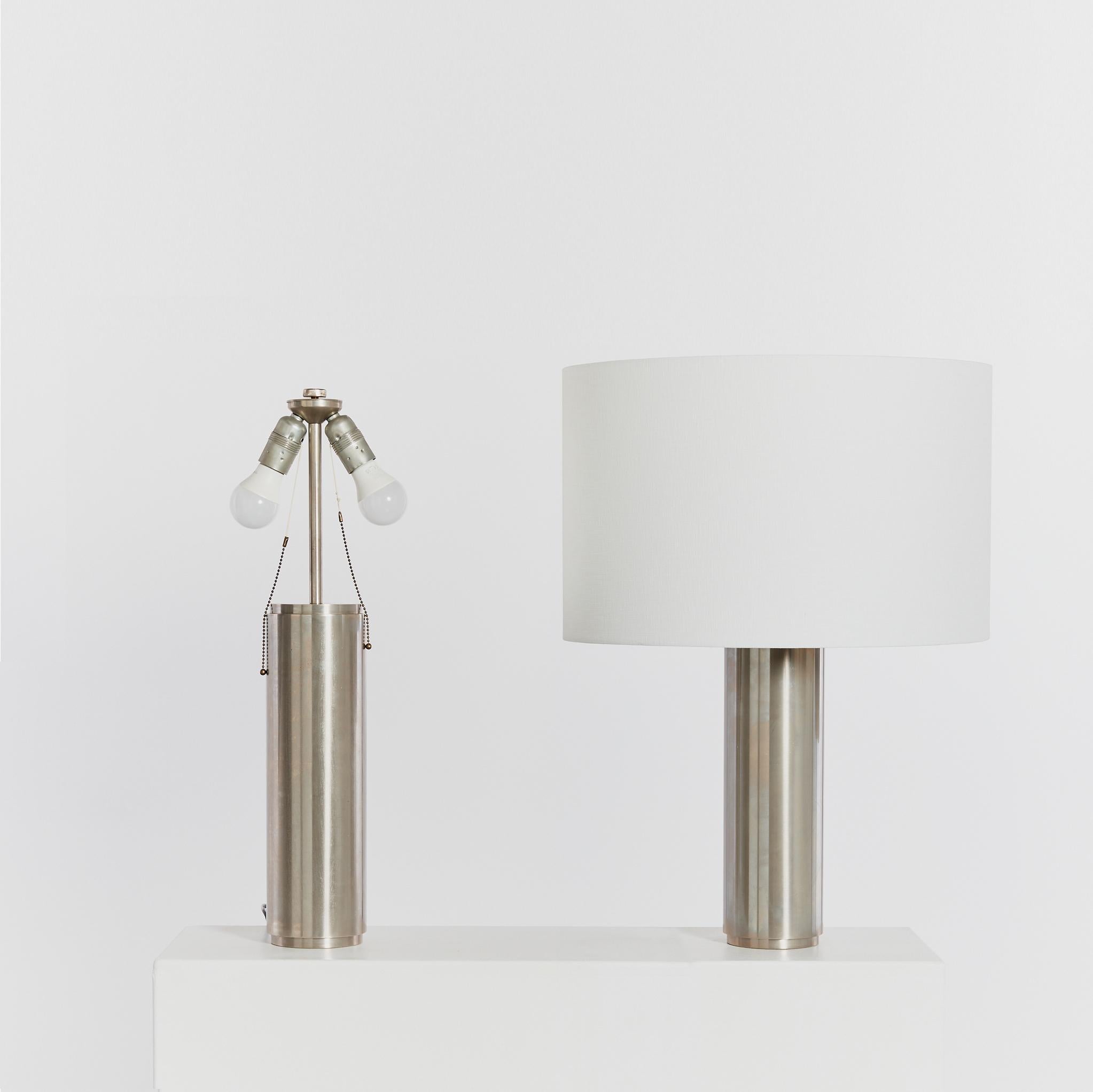 European Pair of postmodern large steel cylinder table lamps, with new linen shades