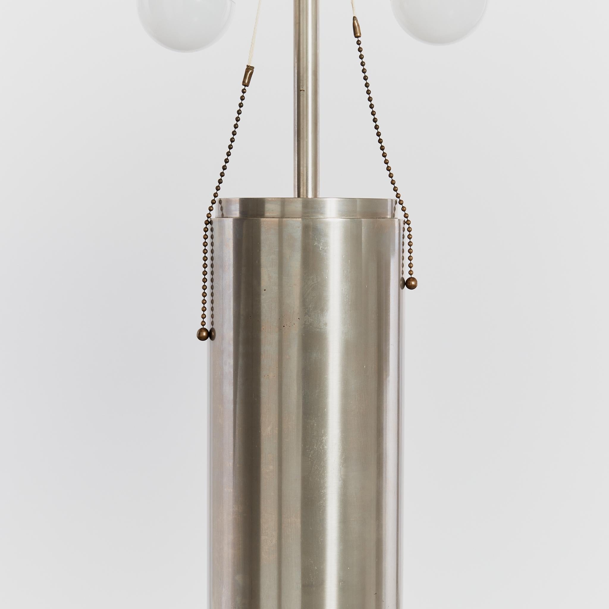 Pair of postmodern large steel cylinder table lamps, with new linen shades In Good Condition In London, GB
