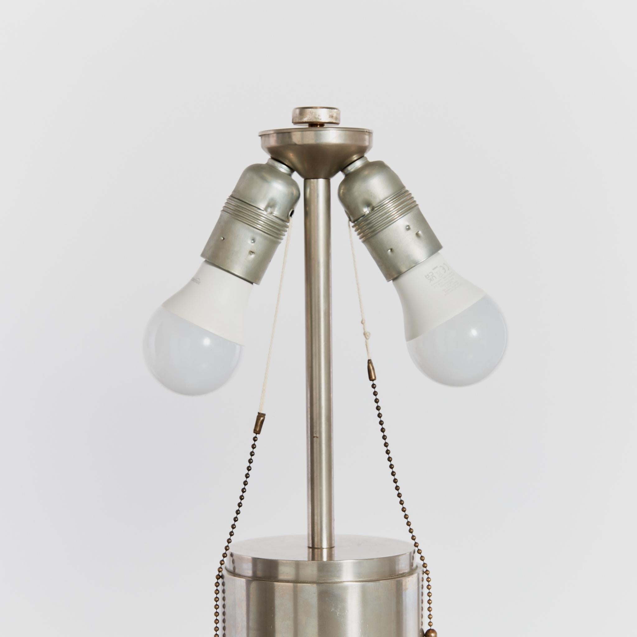 Late 20th Century Pair of postmodern large steel cylinder table lamps, with new linen shades