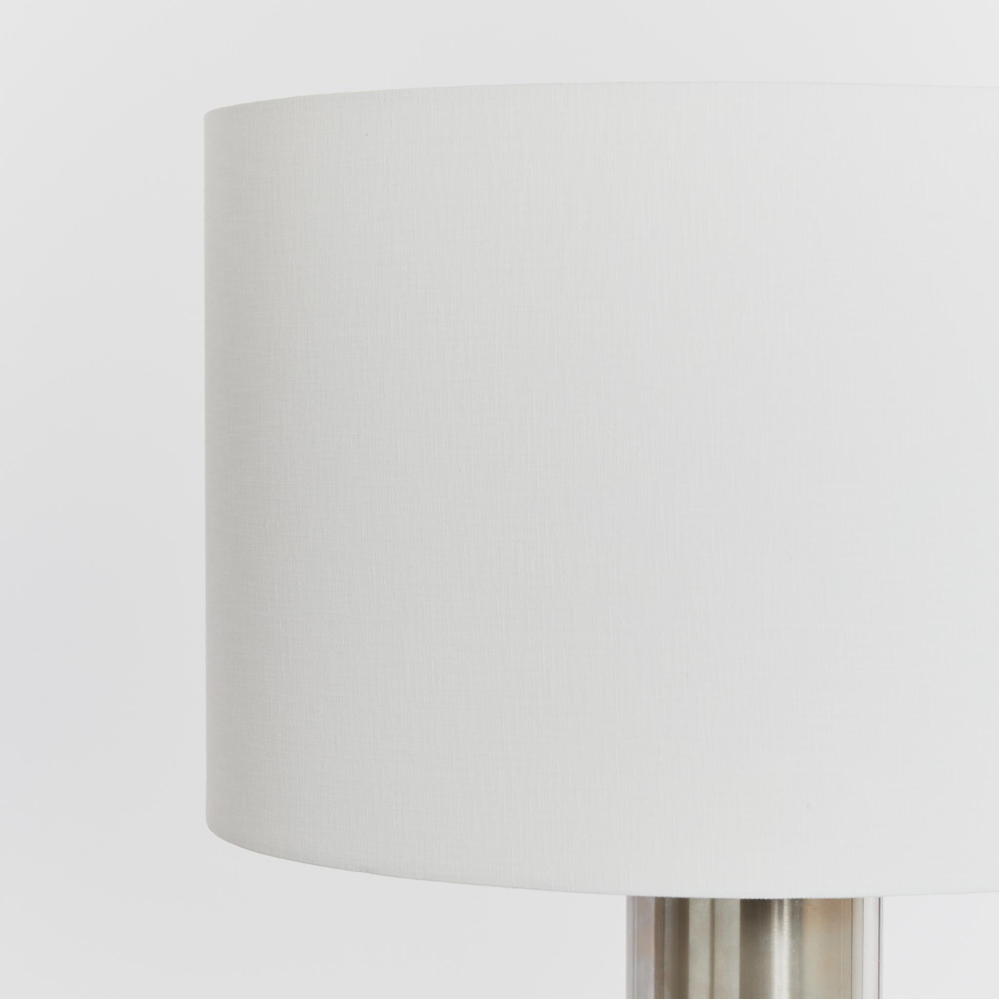 Stainless Steel Pair of postmodern large steel cylinder table lamps, with new linen shades