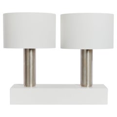 Vintage Pair of postmodern large steel cylinder table lamps, with new linen shades