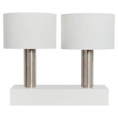 Pair of postmodern large steel cylinder table lamps, with new linen shades