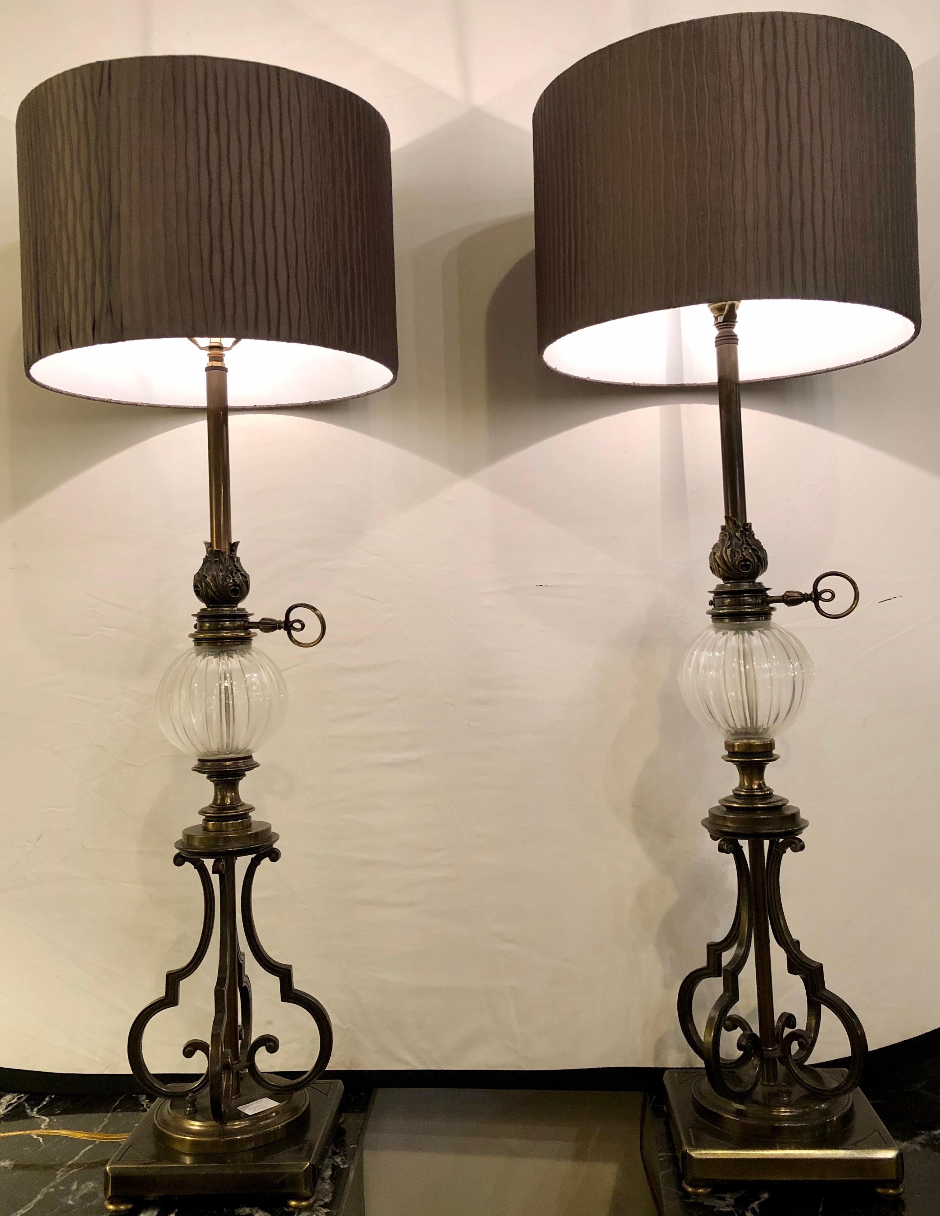 Pair of large Stiffel oil lamps each electrified with lovely custom matching lamp shades.

SX.