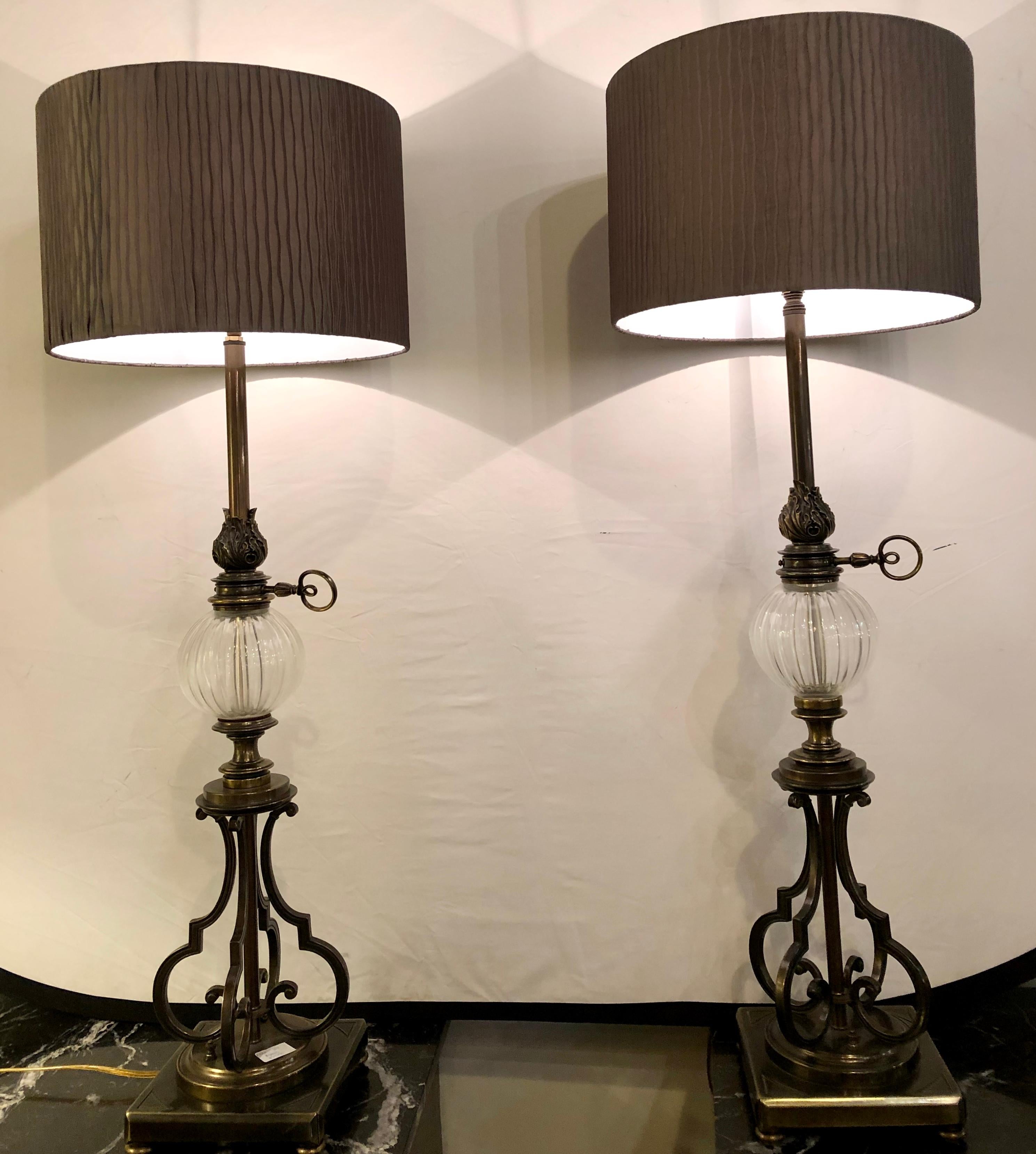 Art Nouveau Pair of Large Stiffel Oil Lamps Each Electrified